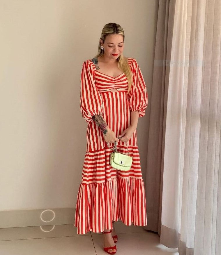 Women’s Striped Sweetheart Neck Fit & Flare Maxi Dress with Puff Sleeves