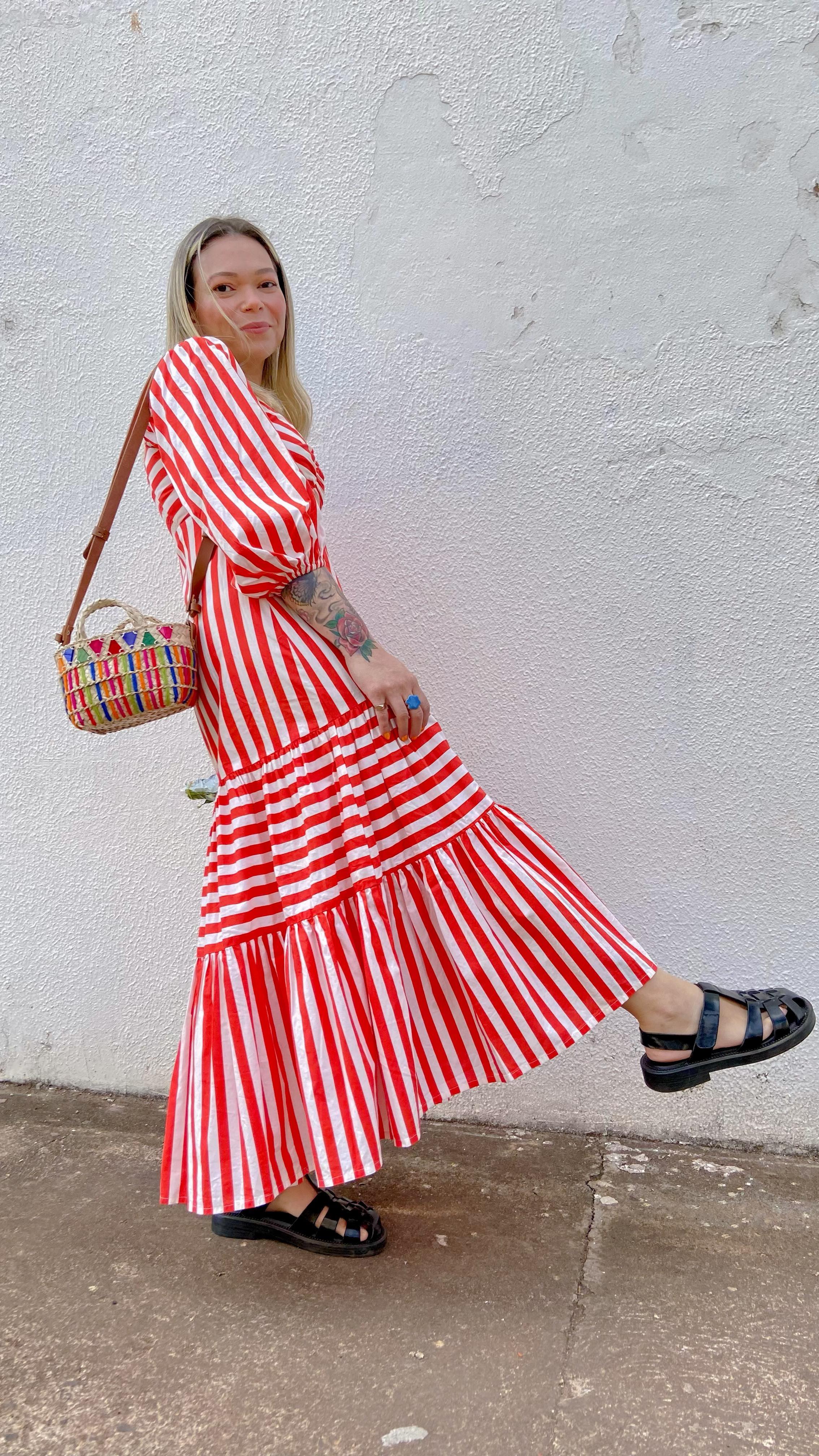 Women’s Striped Sweetheart Neck Fit & Flare Maxi Dress with Puff Sleeves