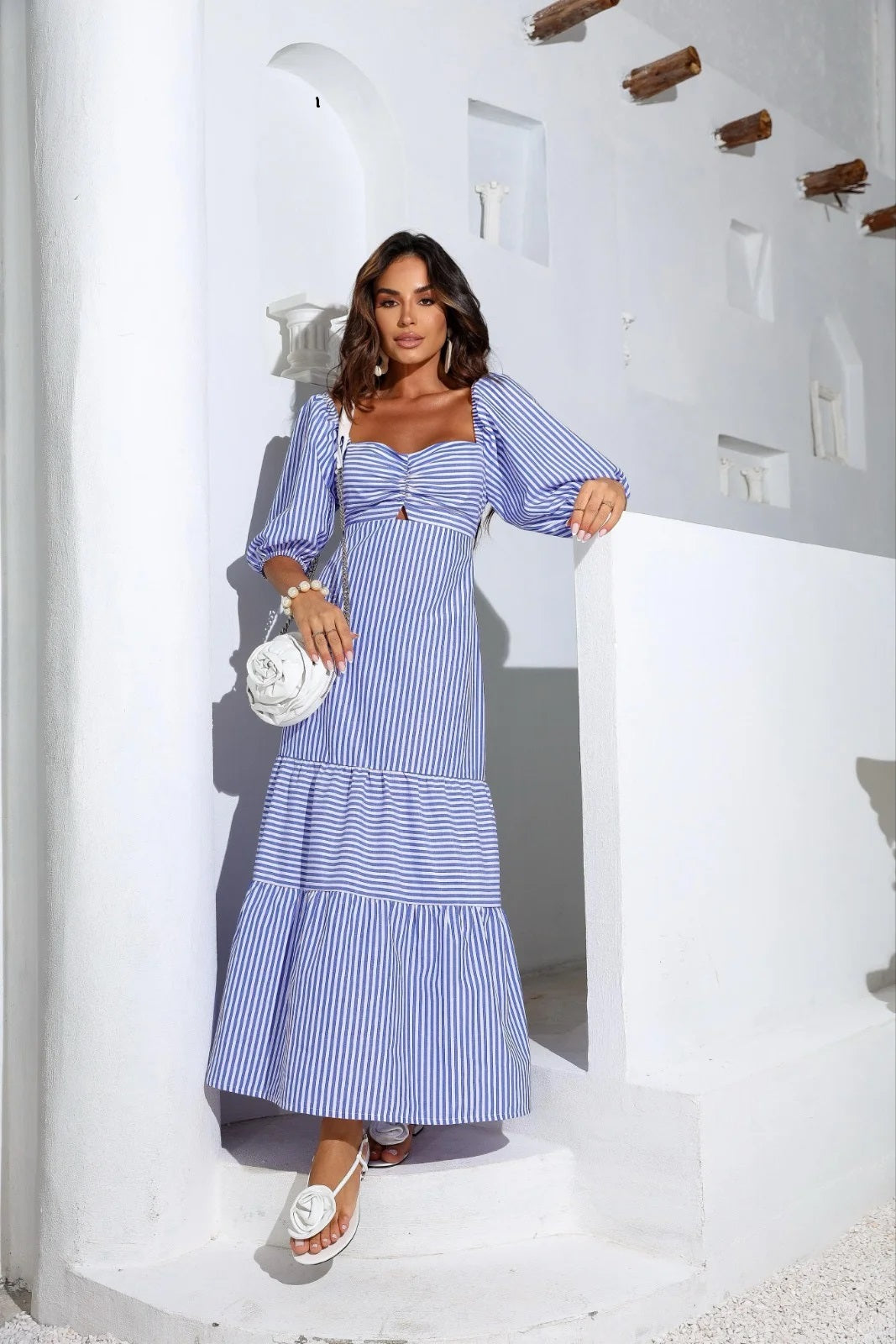 Women's Striped Sweetheart Neck Fit & Flare Maxi Dress with Puff Sleev