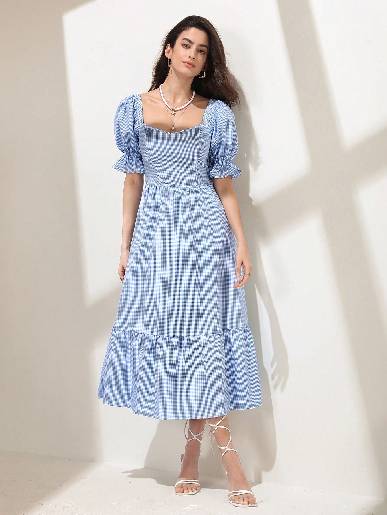 Women’s Checked Square Neck Fit & Flare Midi Dress with Puff Sleeves