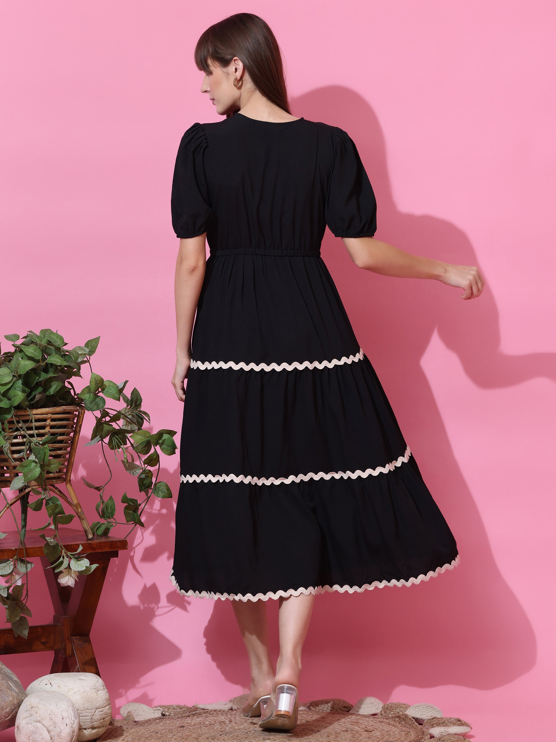 Solid Black Fit & Flare V Neck Dress With White Wavy Trim