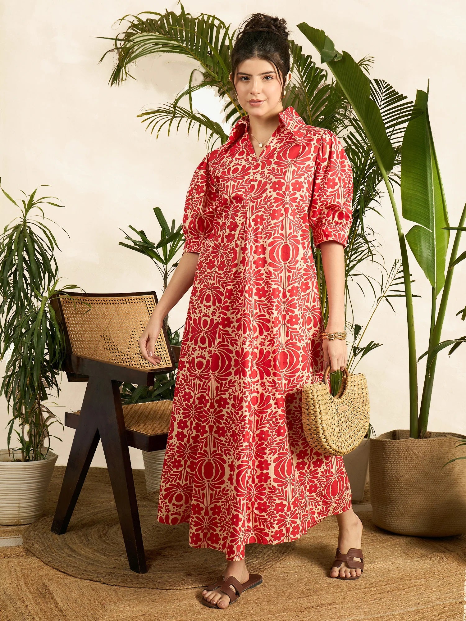 Women’s Red Floral Printed Shirt Collar Maxi Dress with 3/4 Sleeves