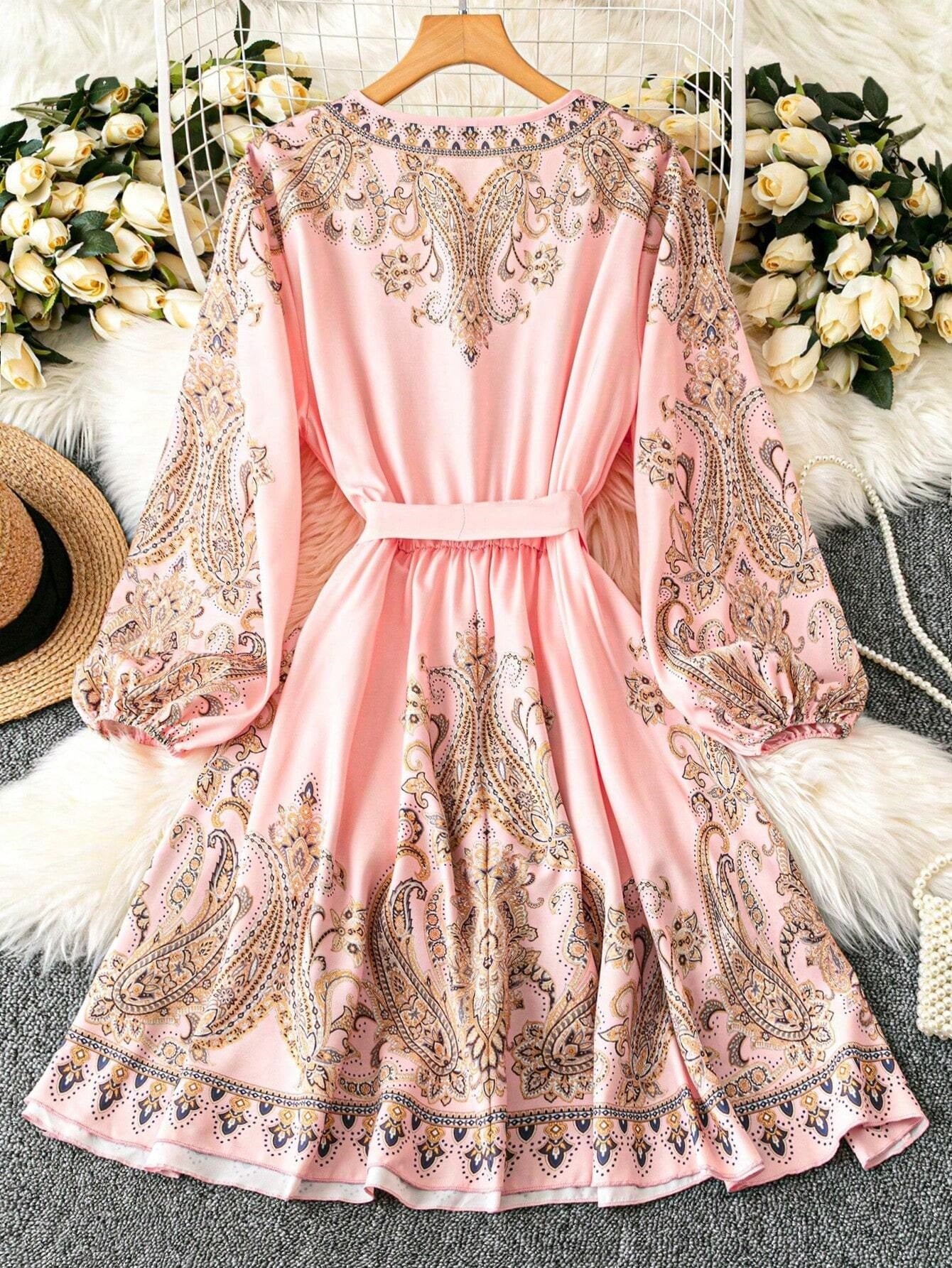 Women’s Pink Paisley Printed V-Neck Mini Dress with Belt & Puff Sleeves