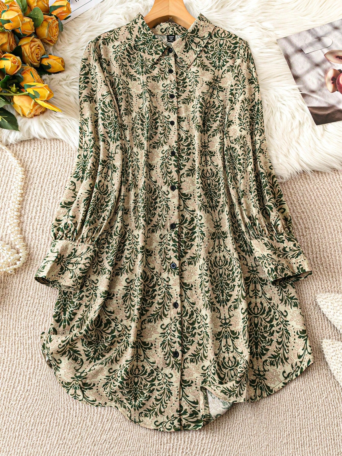 Women’s Green Damask Printed Shirt Collar Mini Dress