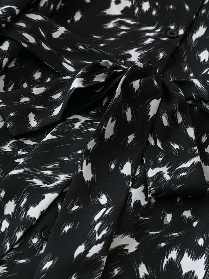 Women Printed Fit & Flare Long Dress with Waist Tie & Full Sleeves