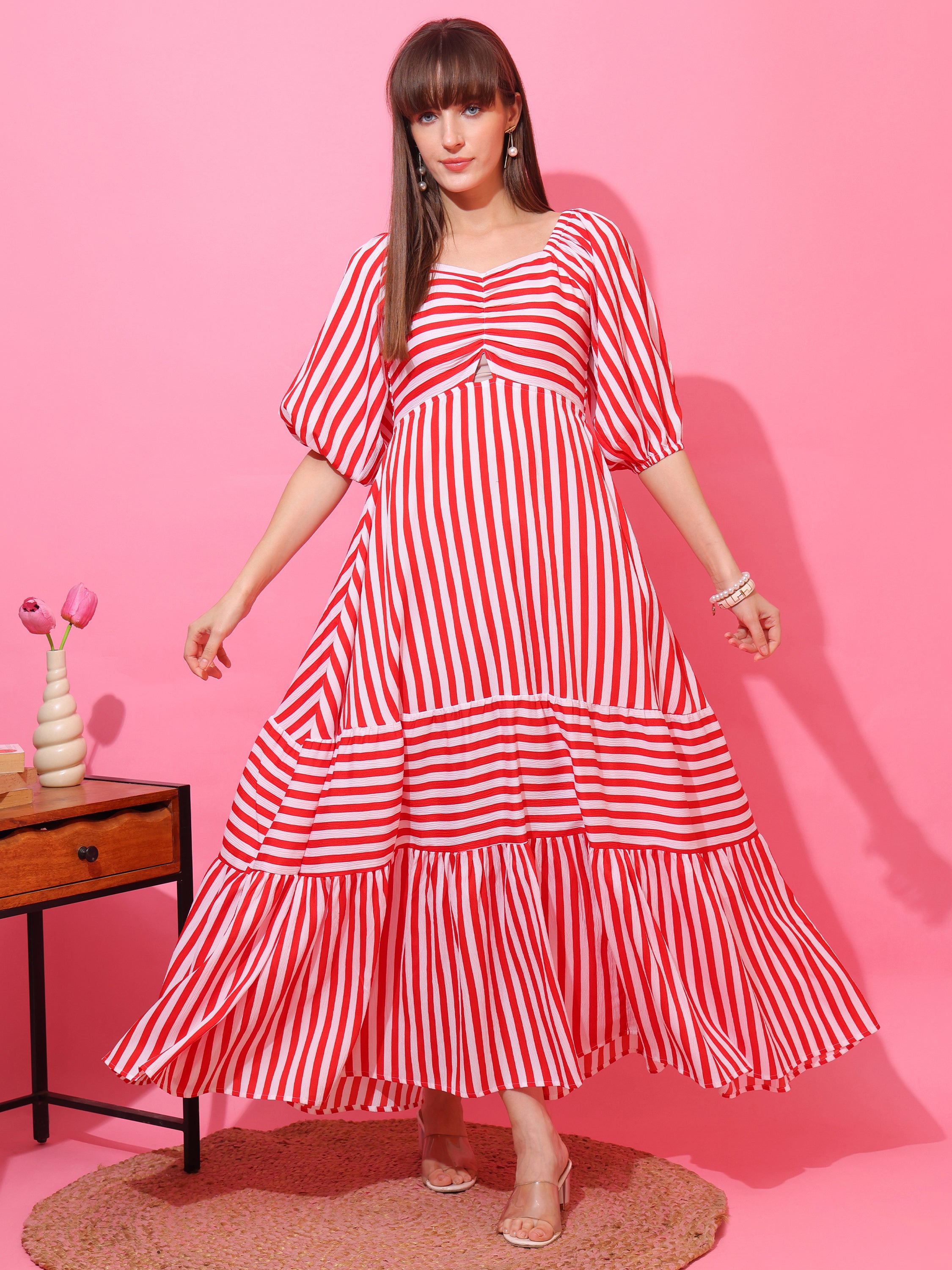 Women Striped Printed Fit & Flare Maxi Dress with Puff Sleeves