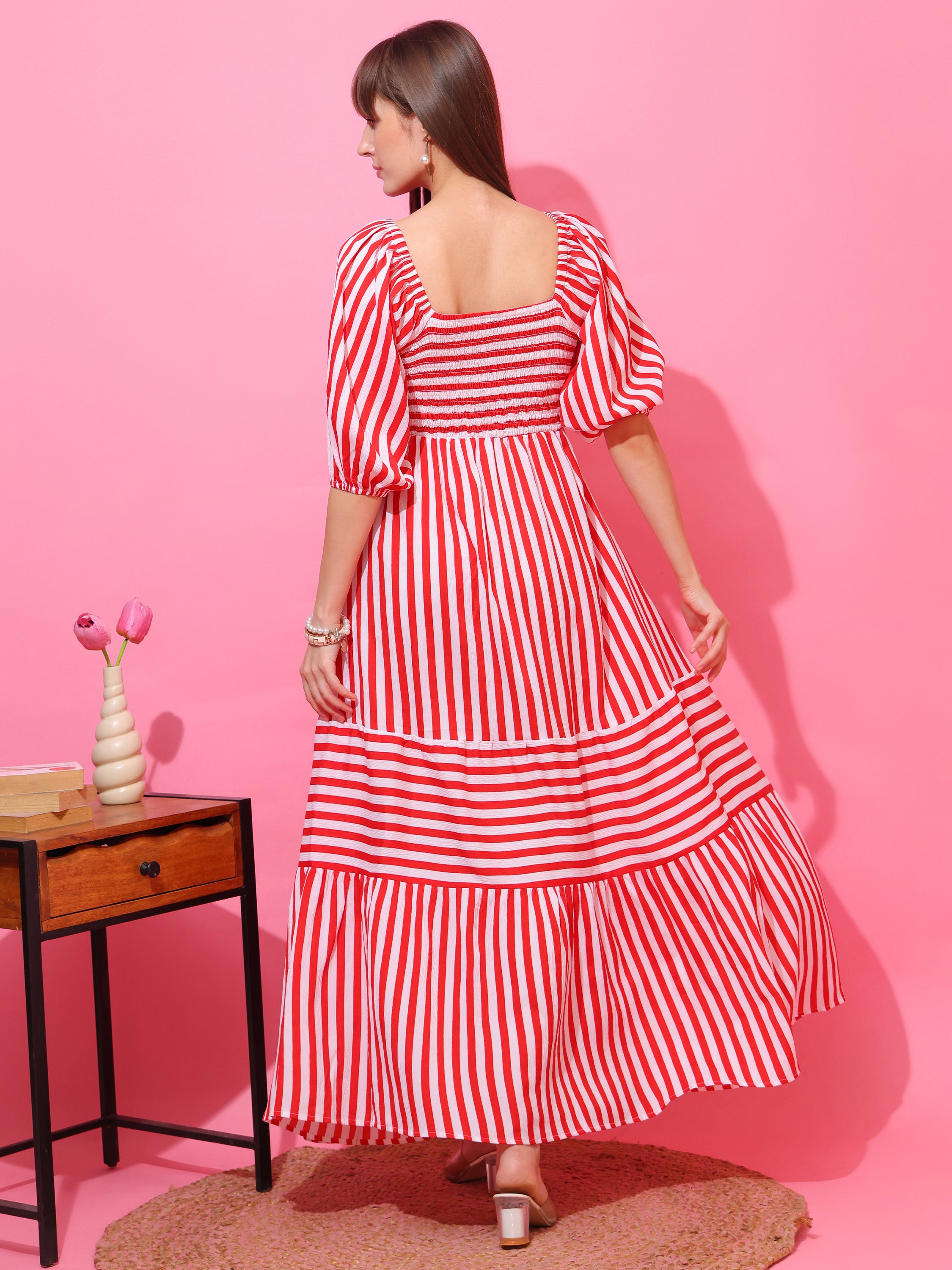 Women Striped Printed Fit & Flare Maxi Dress with Puff Sleeves