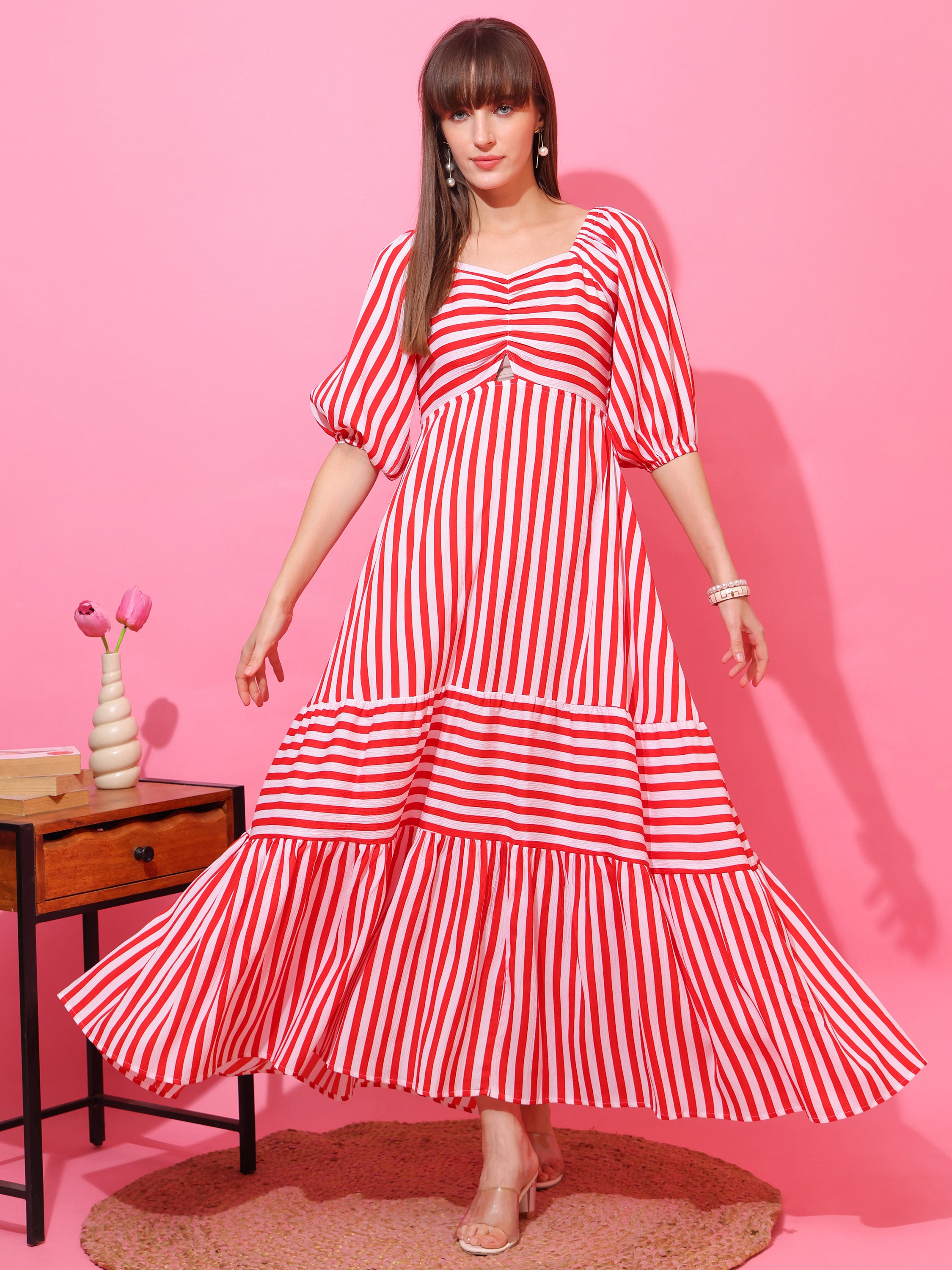 Women Striped Printed Fit & Flare Maxi Dress with Puff Sleeves