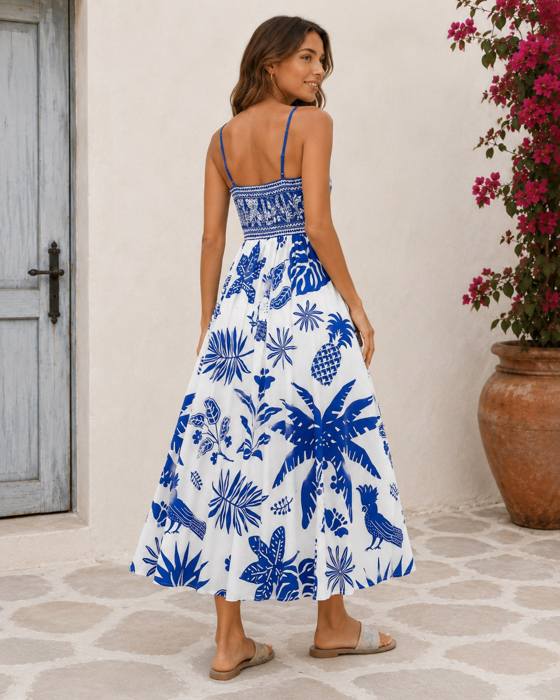 Women's Blue & White Tropical Print Sleeveless Square Neck Maxi Dress