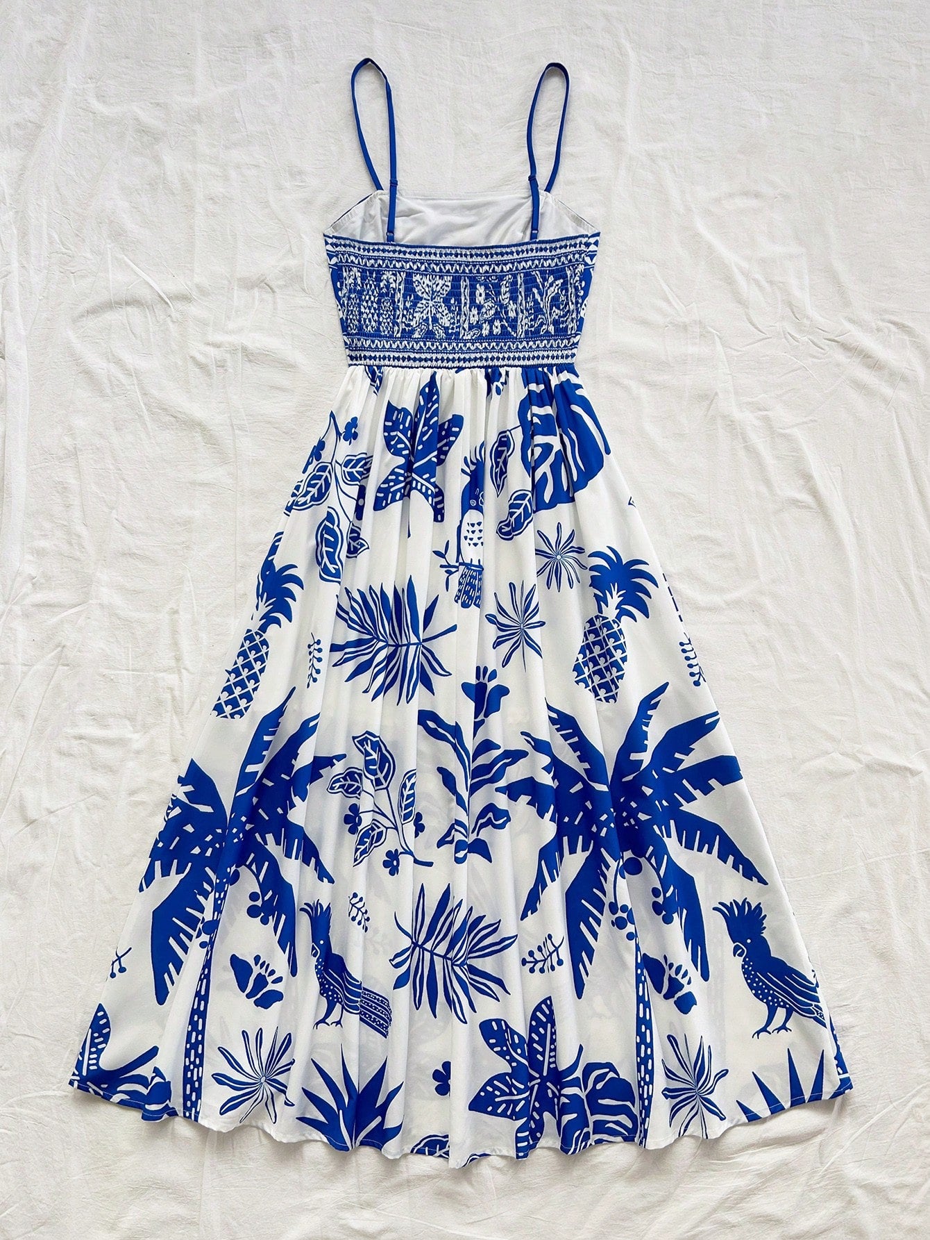 Women's Blue & White Tropical Print Sleeveless Square Neck Maxi Dress