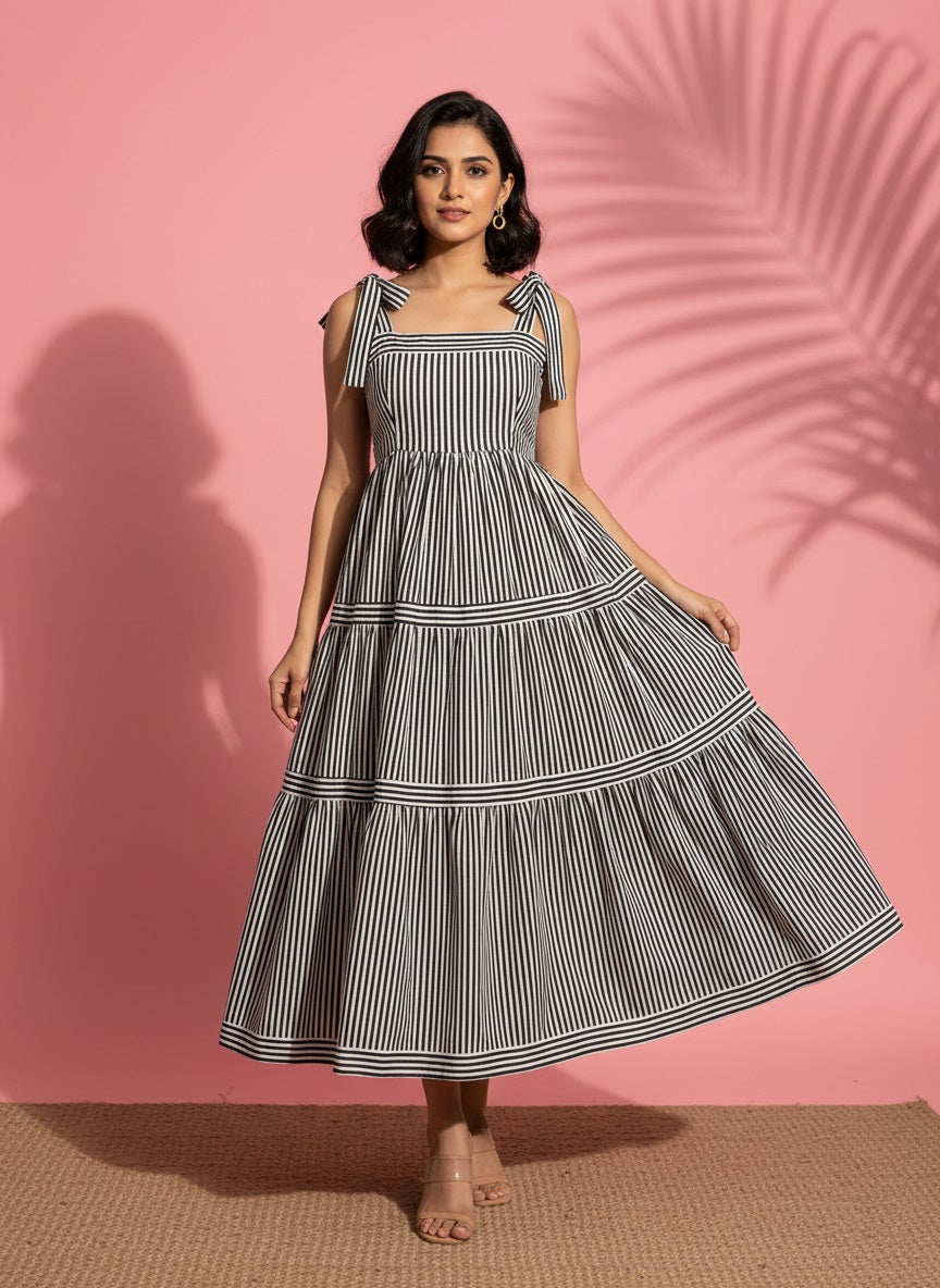 Women Black & White Striped Midi Dress With Sleeveless Square Neck Dress