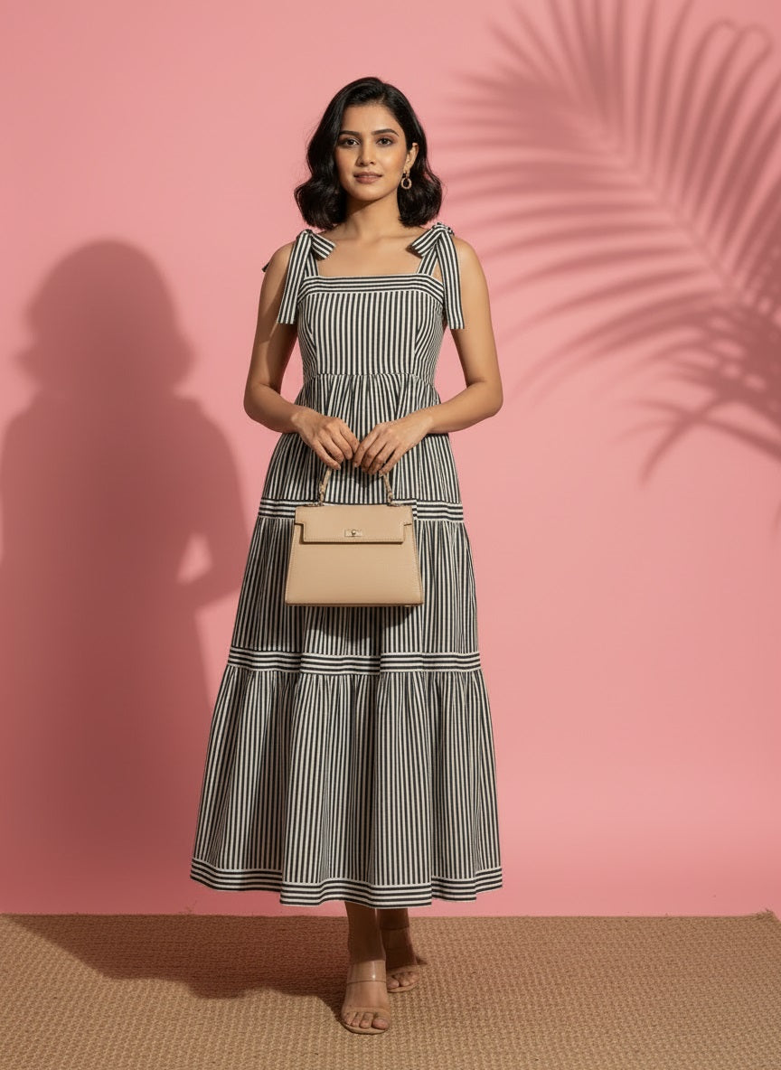 Women Black & White Striped Midi Dress With Sleeveless Square Neck Dress