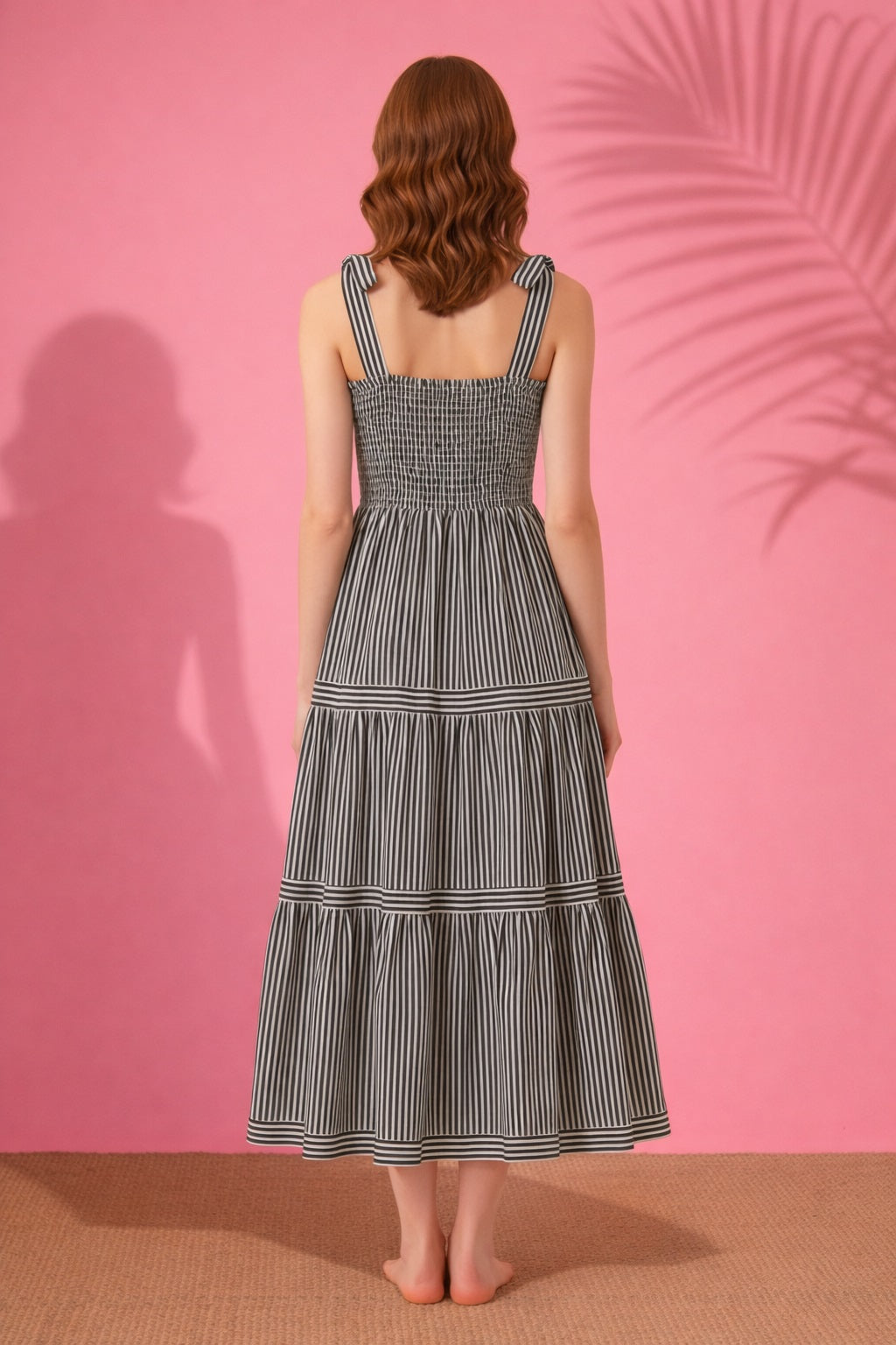 Women Black & White Striped Midi Dress With Sleeveless Square Neck Dress