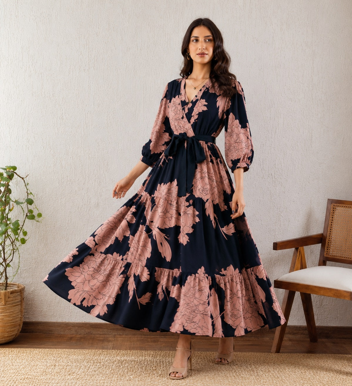 Women’s Black Floral Printed Wrap Style Maxi Dress V-Neck Fit & Flare Dress with Waist Tie-Up Belt and 3/4 Puff Sleeves