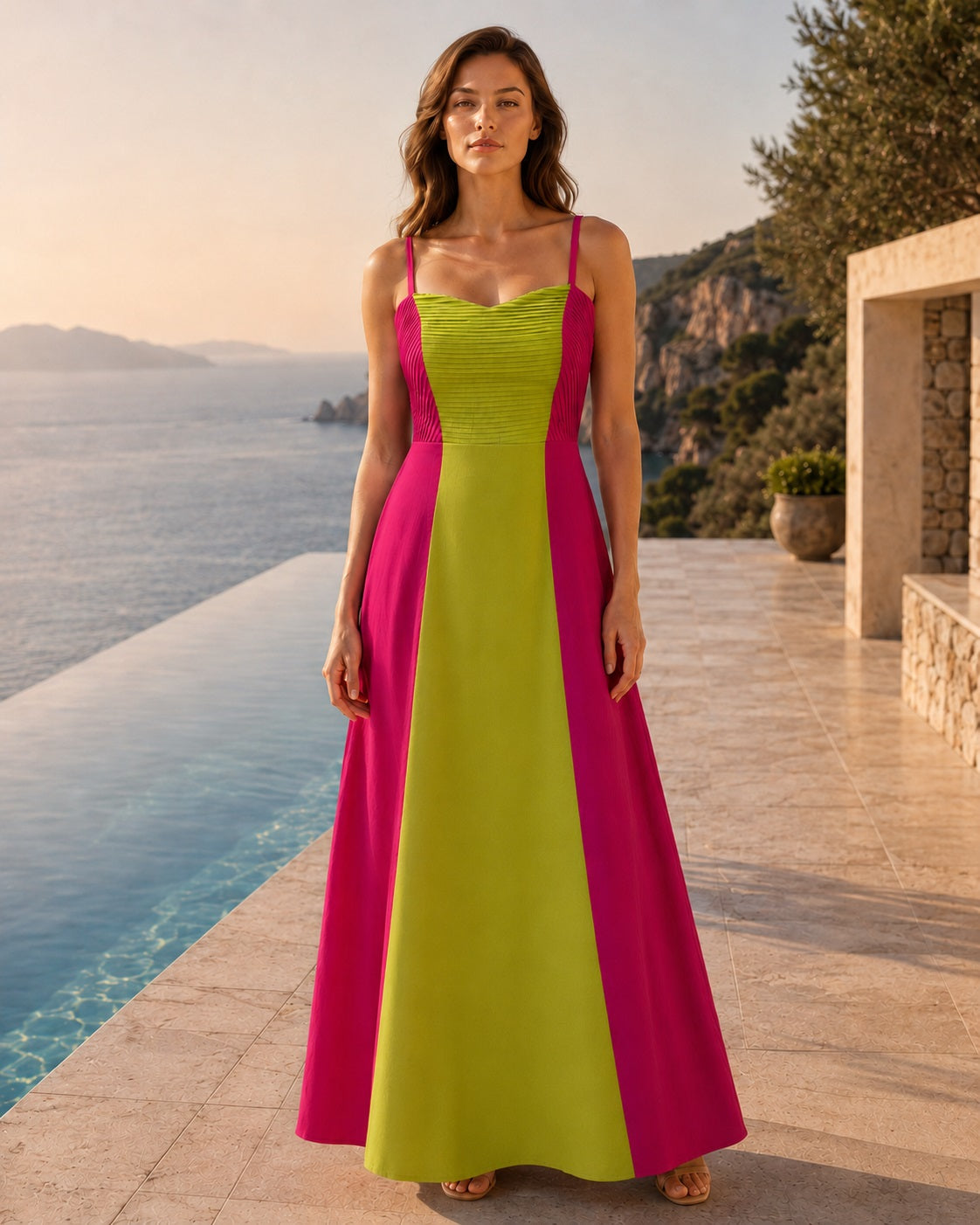 Women’s Pink & Lime Green Colourblock Ruched Bodice Spaghetti Strap Fit & Flare Maxi Dress
