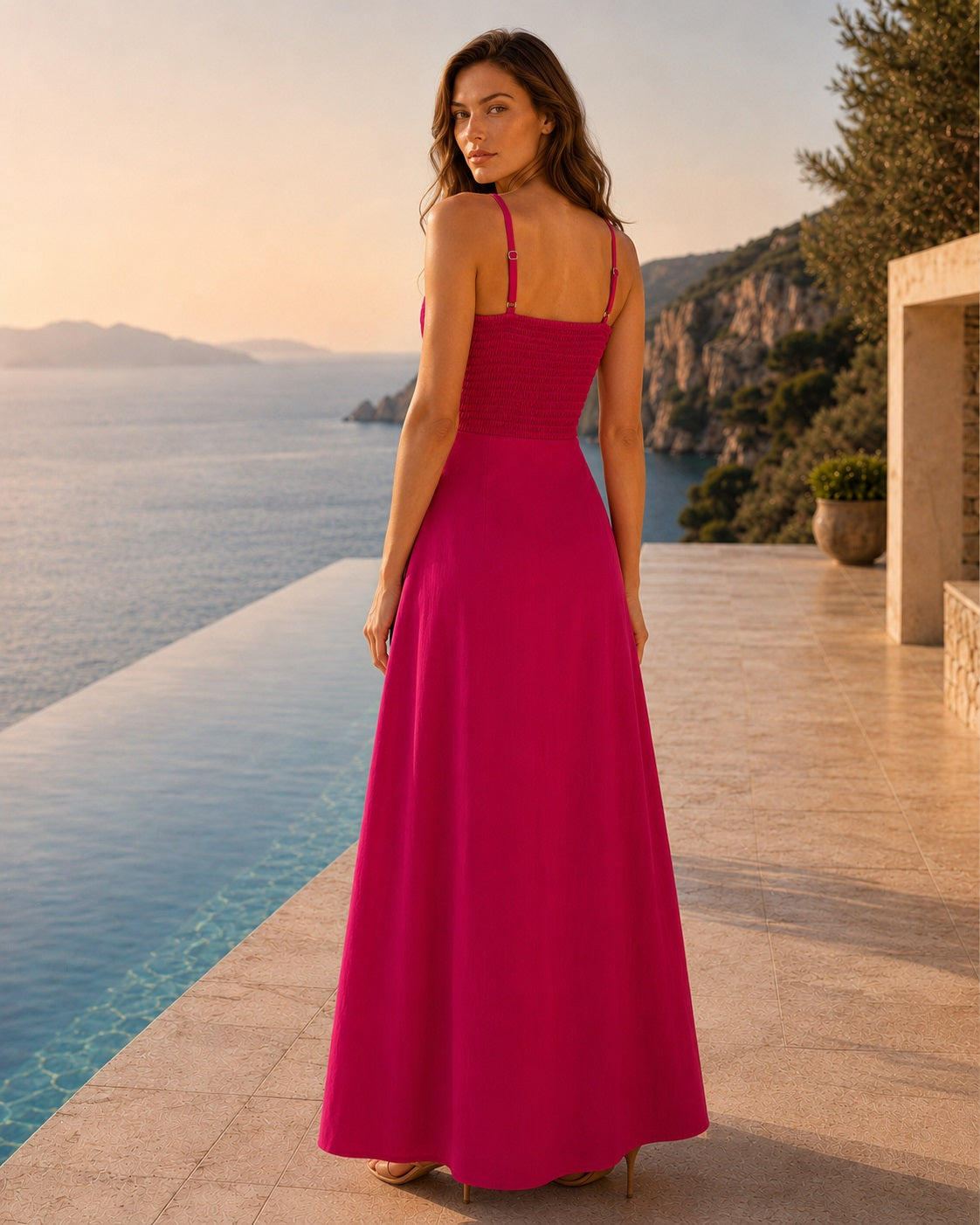Women’s Pink & Lime Green Colourblock Ruched Bodice Spaghetti Strap Fit & Flare Maxi Dress