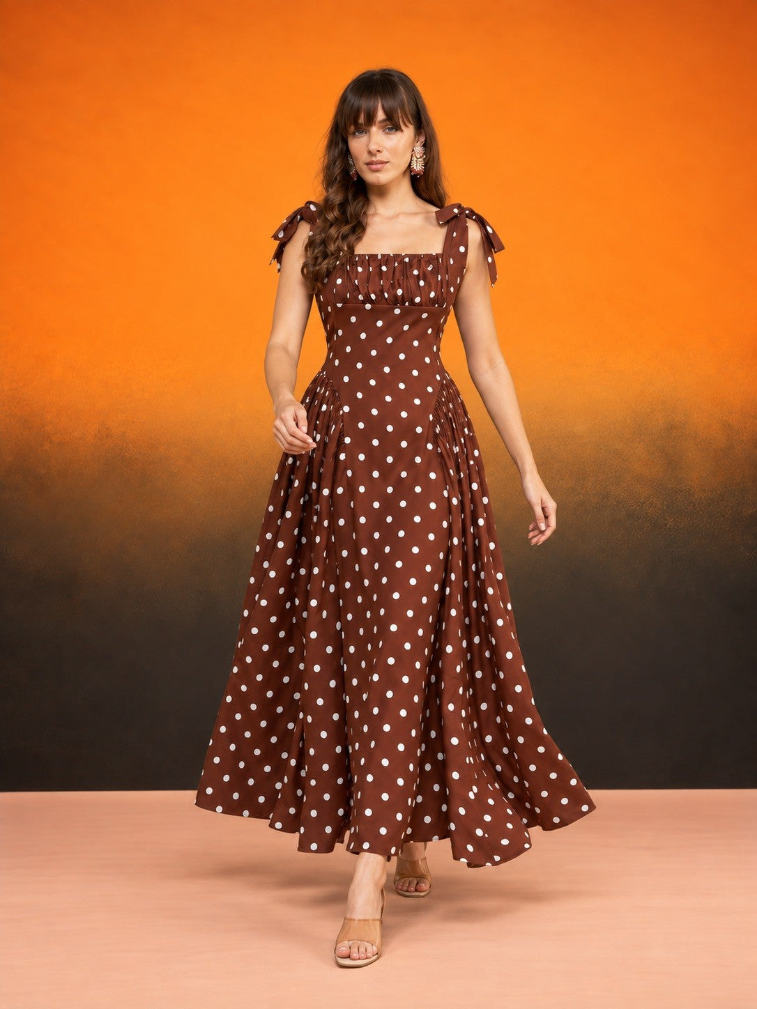 Women’s Brown Polka Dot Maxi Dress Square Neck Sleeveless Fit & Flare Dress with Bow Tie-Up Shoulder Straps