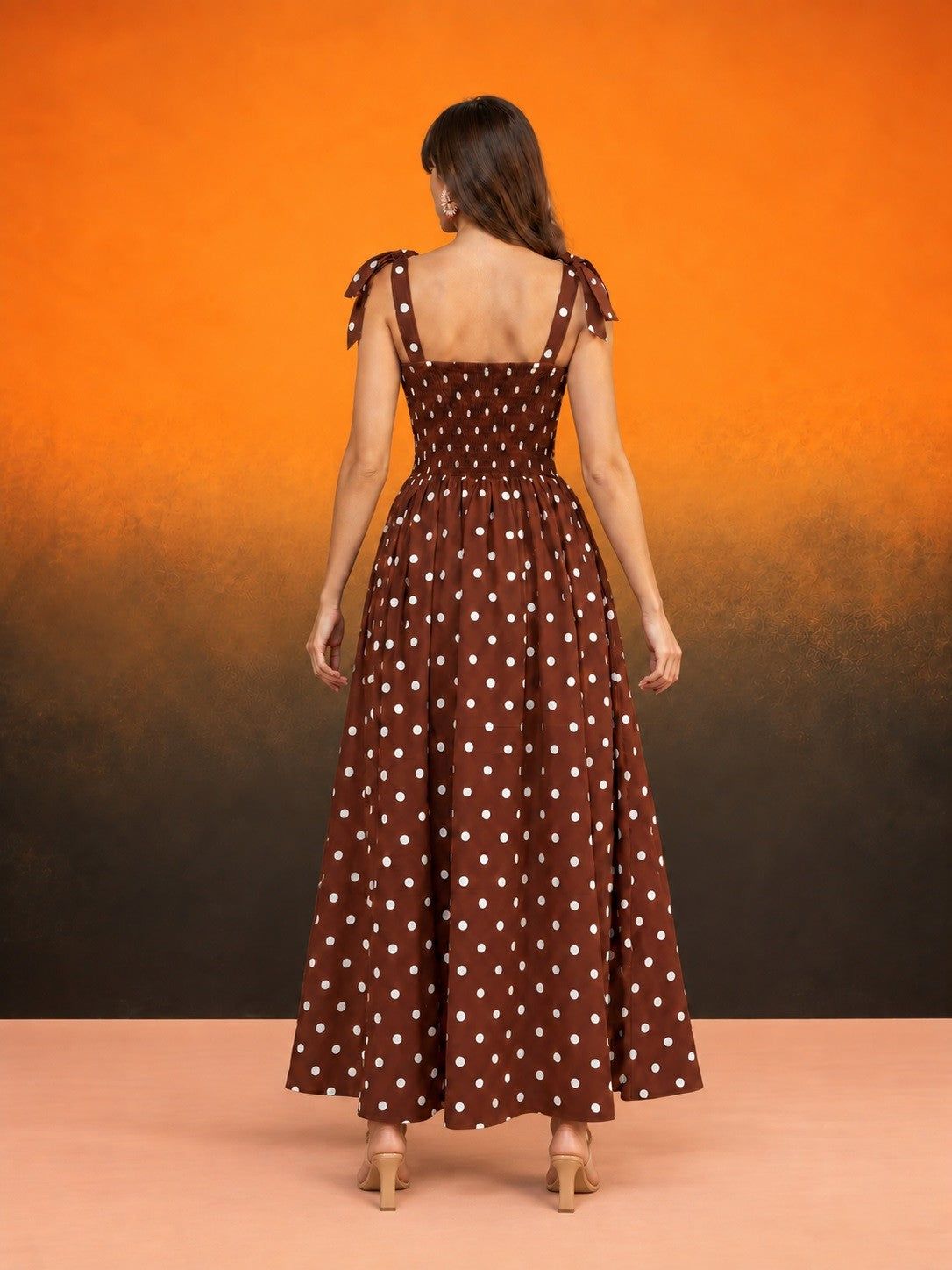 Women’s Brown Polka Dot Maxi Dress Square Neck Sleeveless Fit & Flare Dress with Bow Tie-Up Shoulder Straps