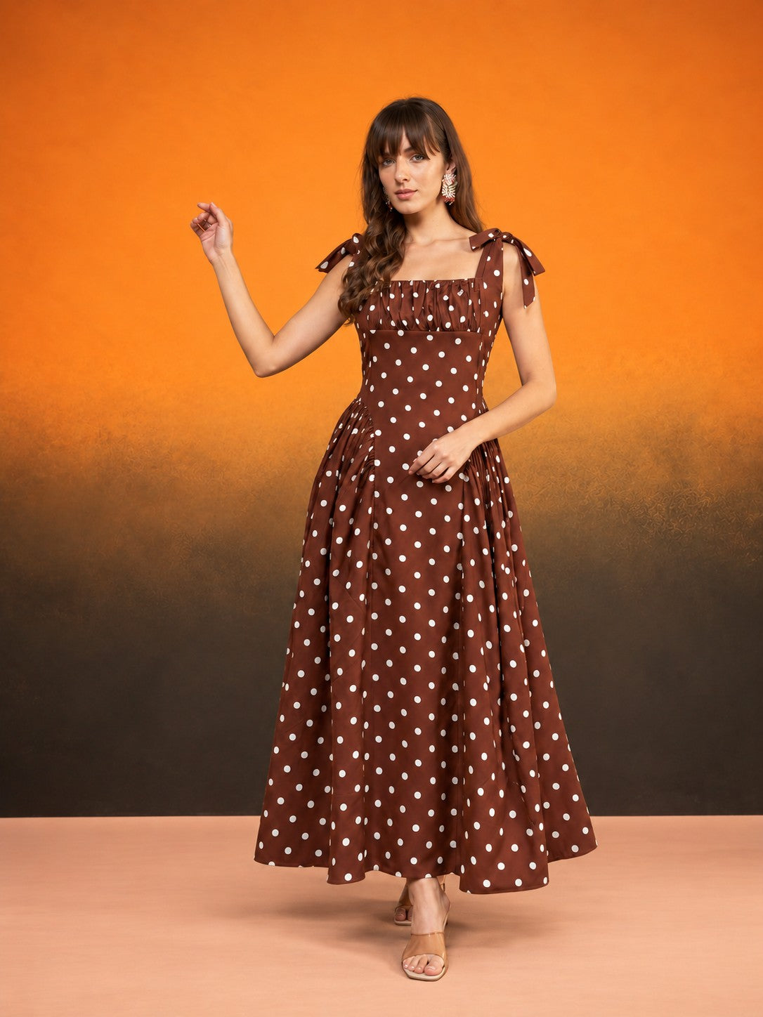 Women’s Brown Polka Dot Maxi Dress Square Neck Sleeveless Fit & Flare Dress with Bow Tie-Up Shoulder Straps