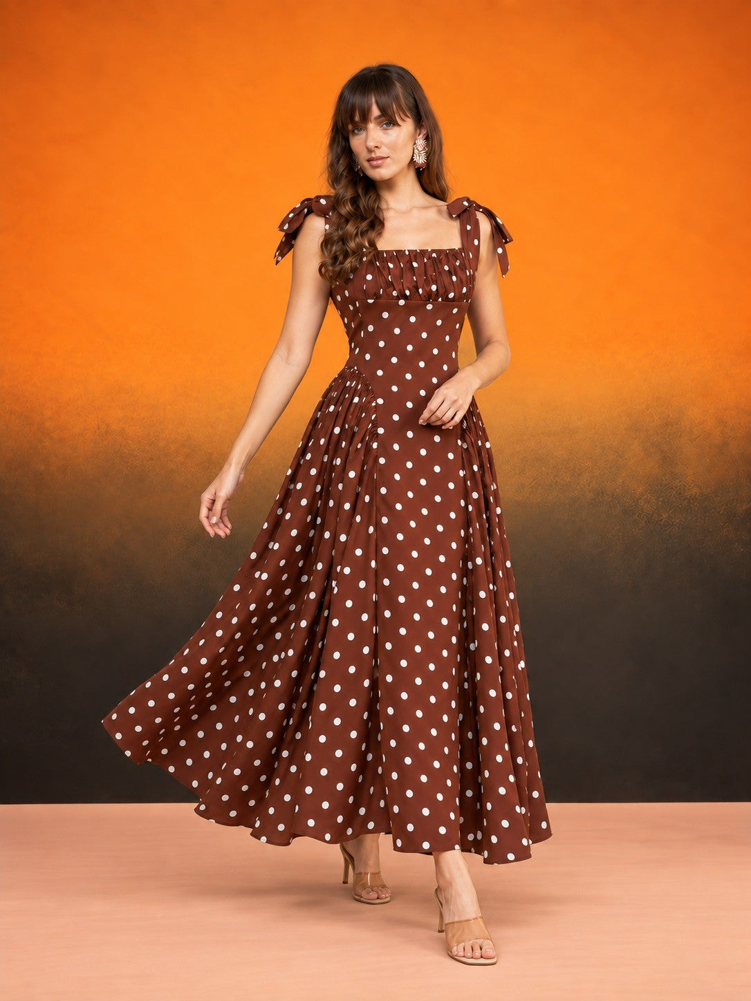 Women’s Brown Polka Dot Maxi Dress Square Neck Sleeveless Fit & Flare Dress with Bow Tie-Up Shoulder Straps