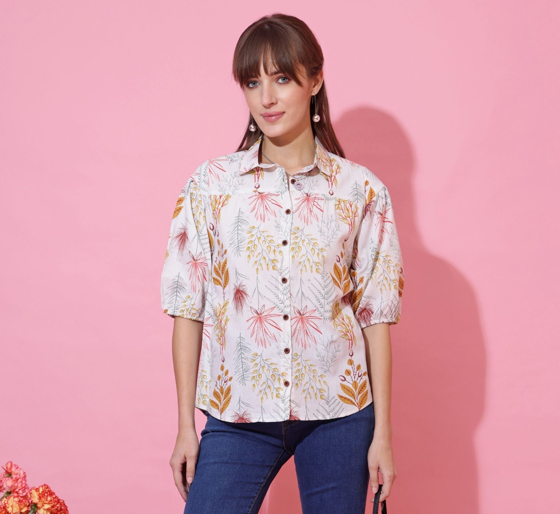 White Women Floral Printed Cotton Casual Top