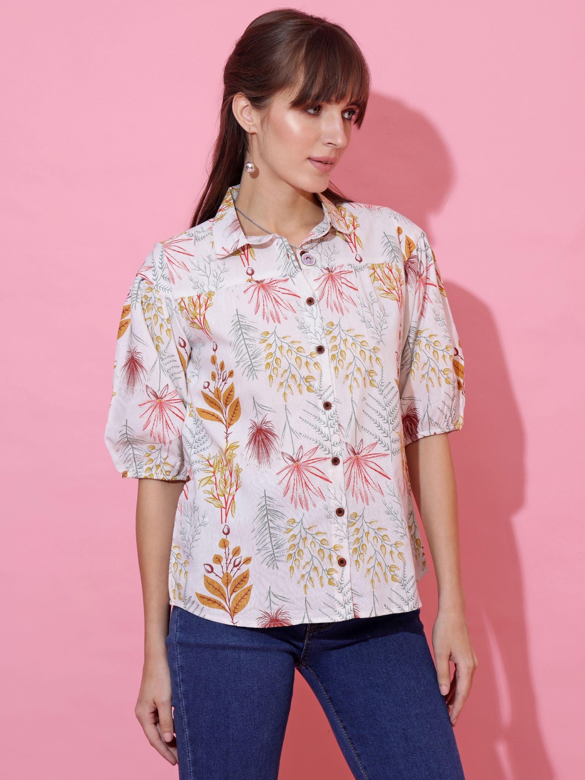 White Women Floral Printed Cotton Casual Top