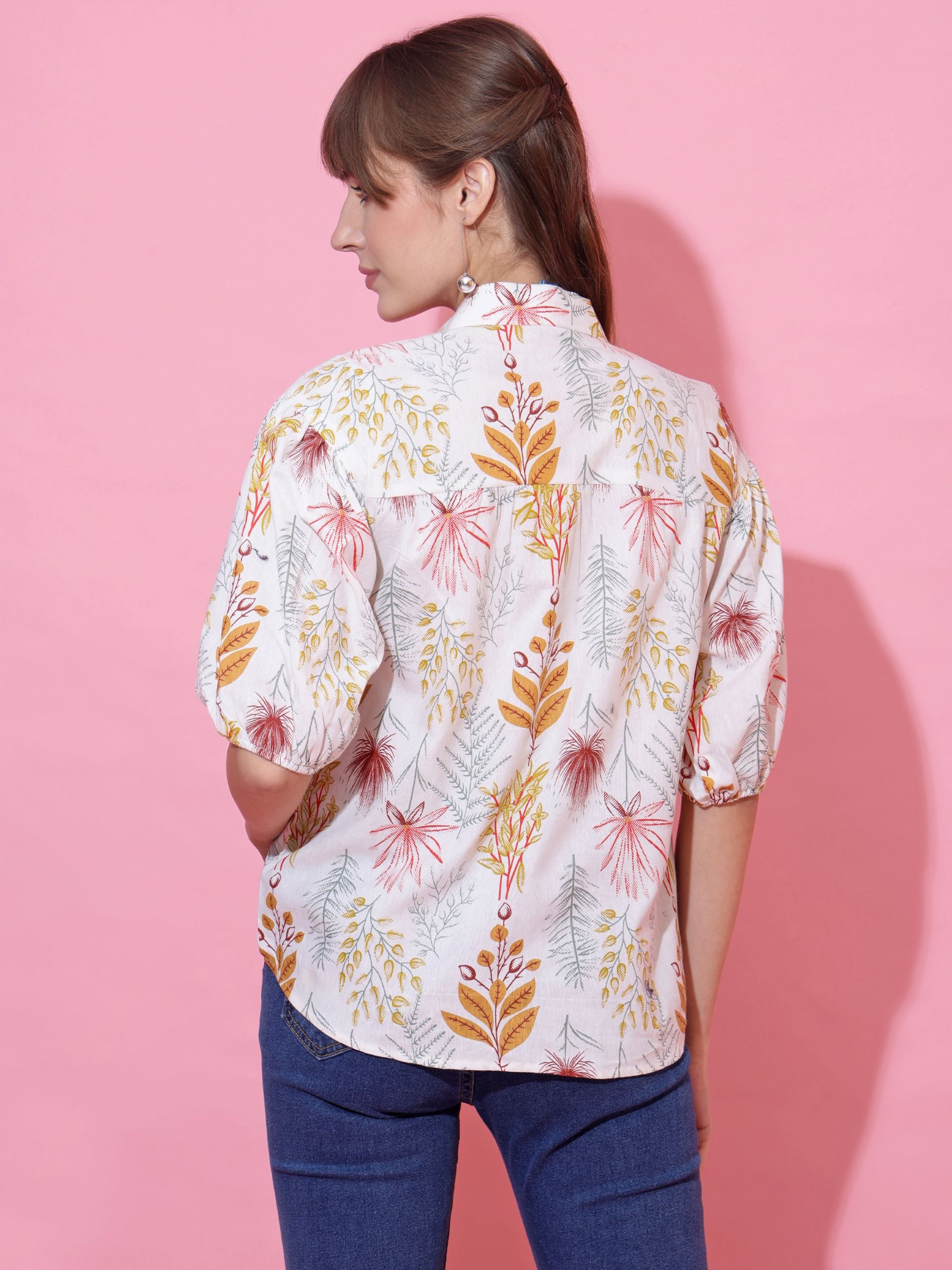 White Women Floral Printed Cotton Casual Top