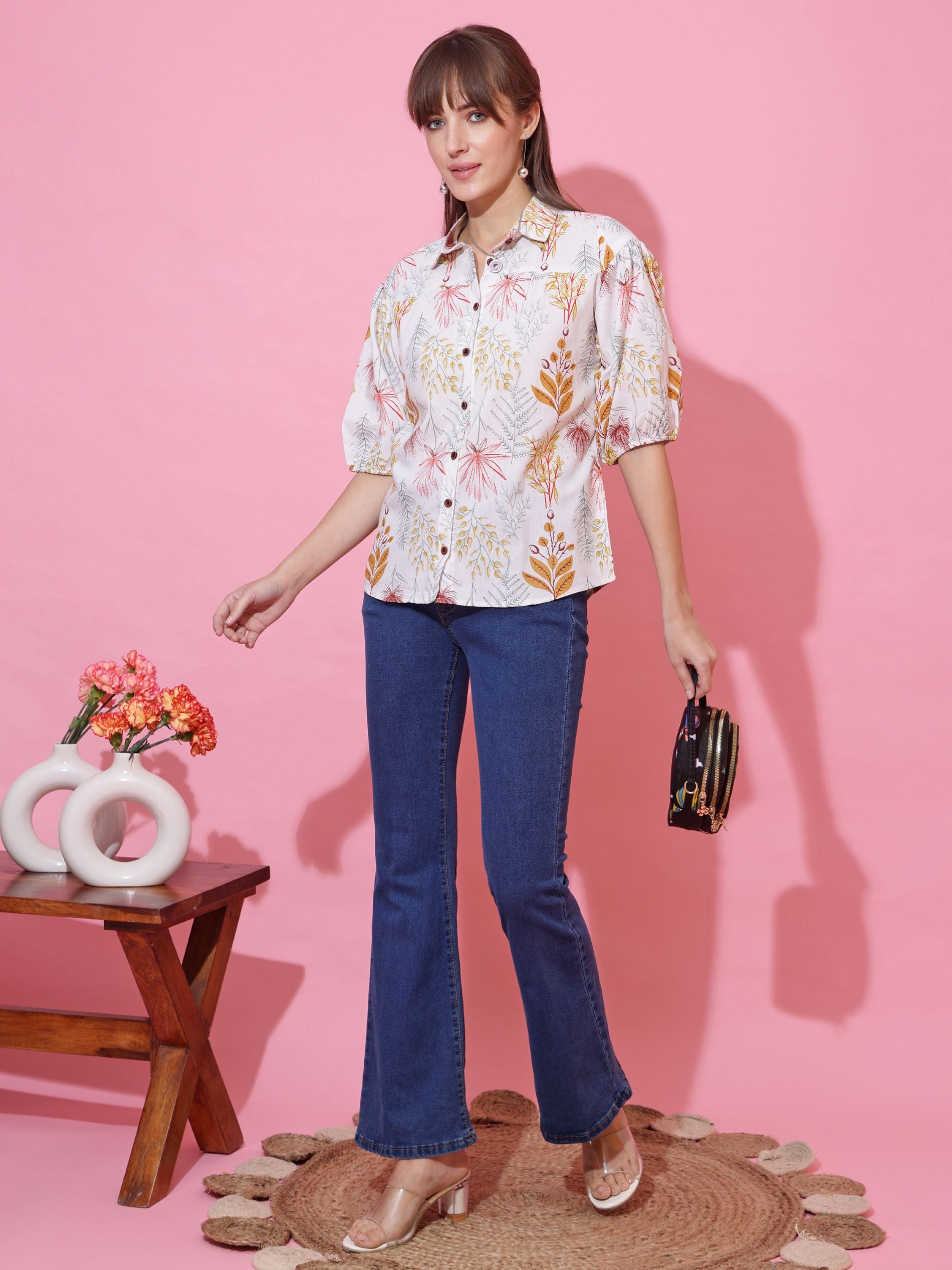 White Women Floral Printed Cotton Casual Top
