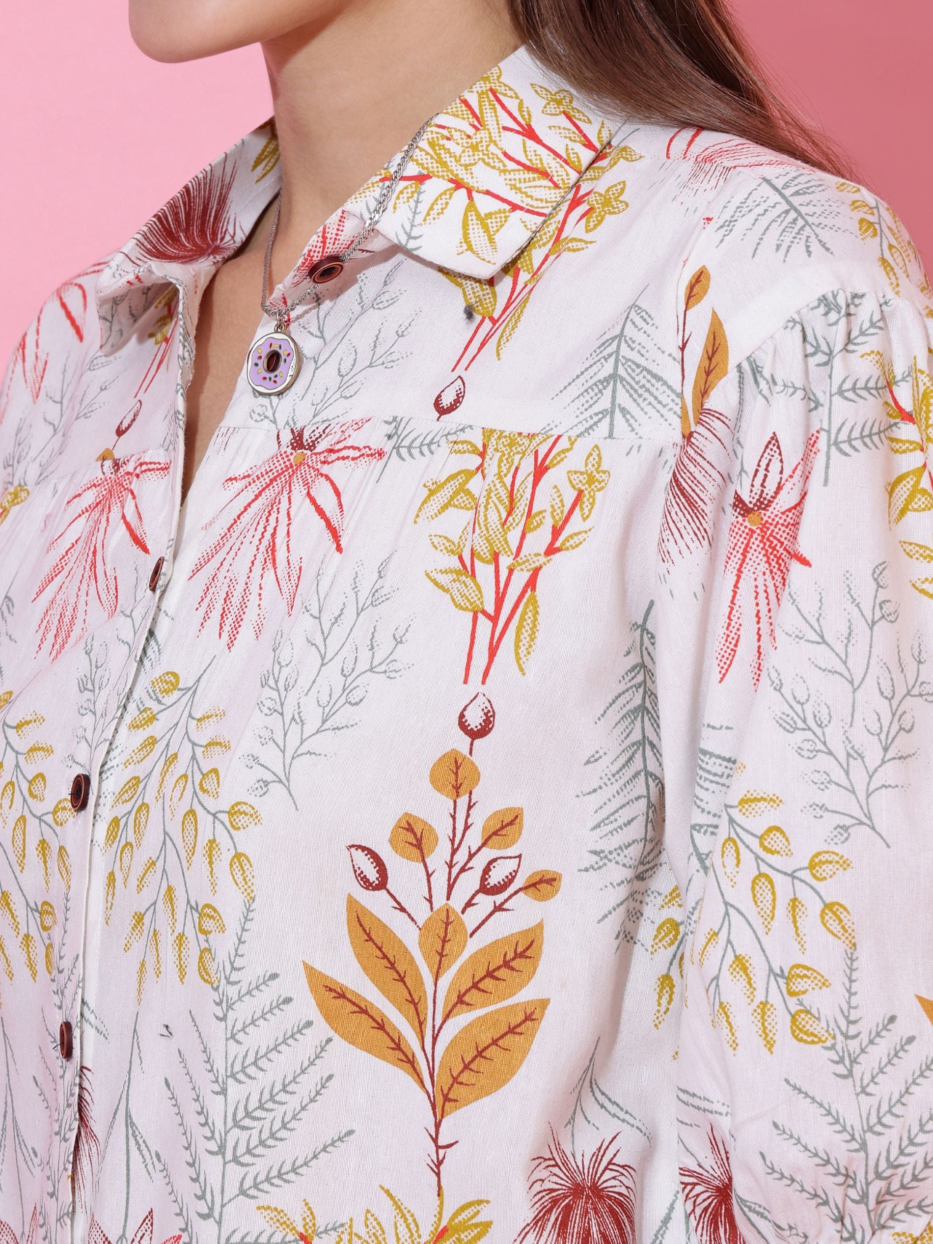 White Women Floral Printed Cotton Casual Top