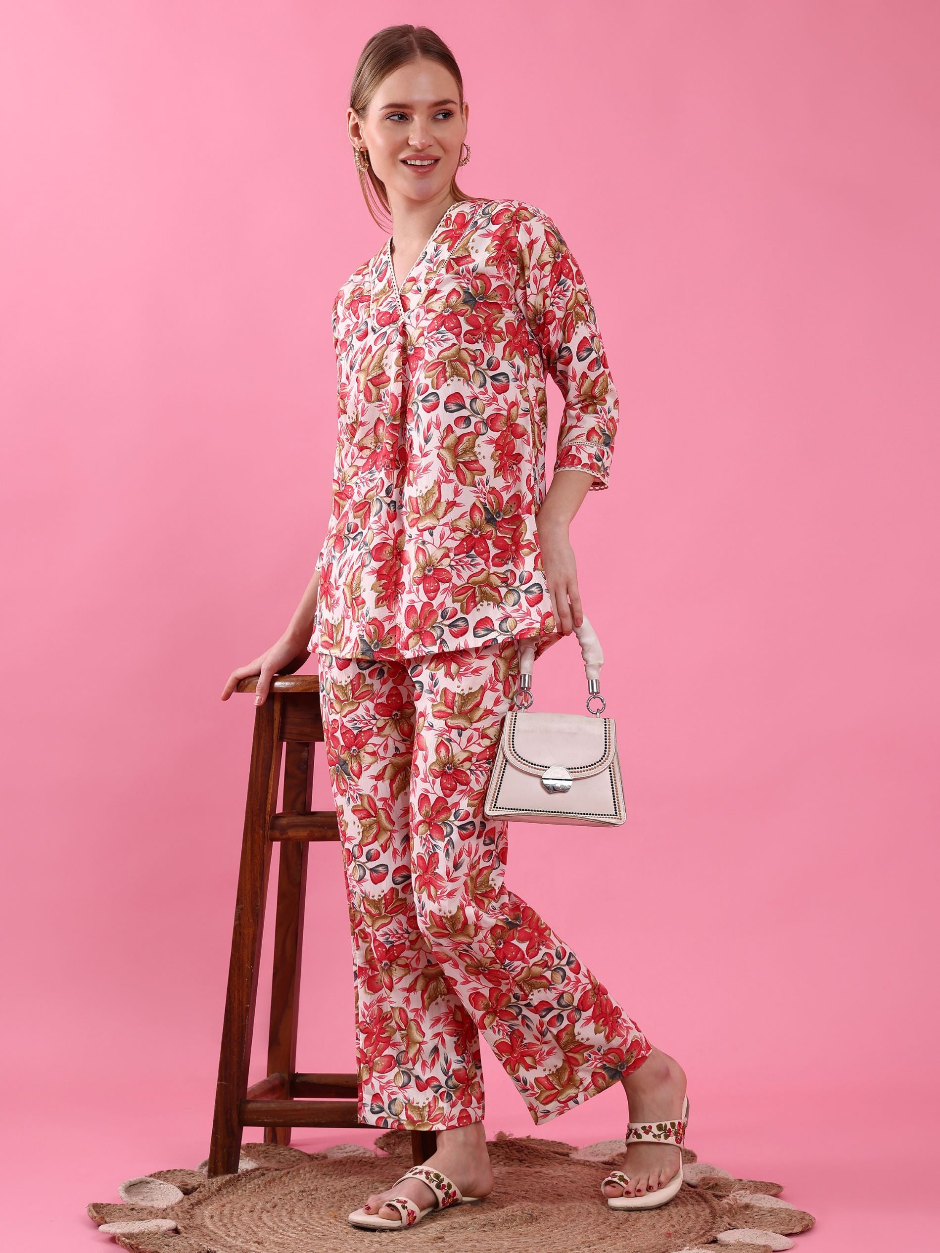 Multi-Colored Floral Printed V-Neck Co-ords Set