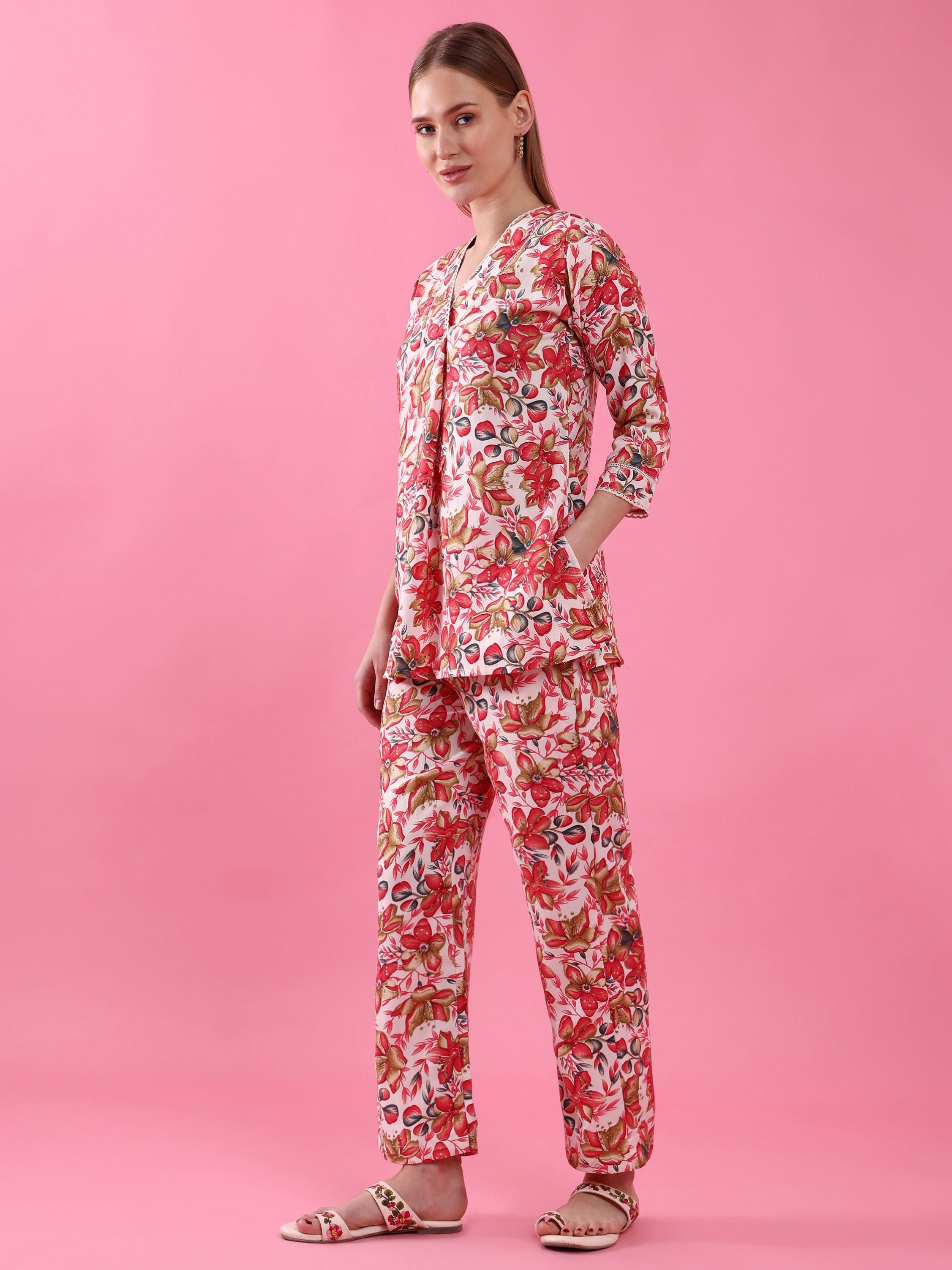 Multi-Colored Floral Printed V-Neck Co-ords Set