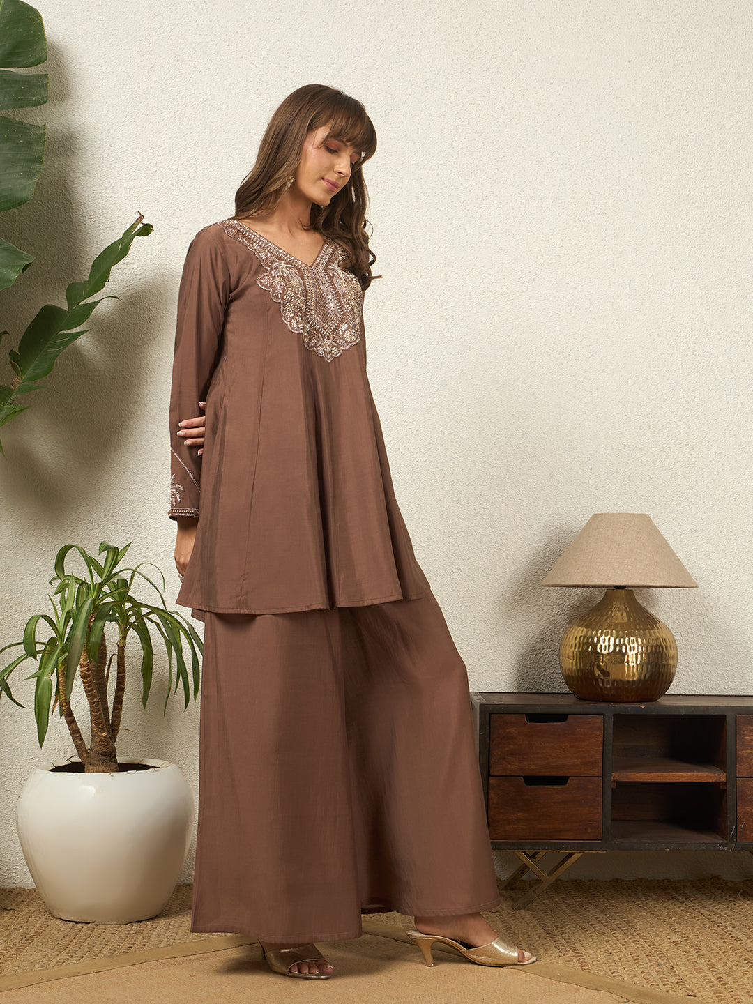 Women's Brown Hand Work V-Neck A-Line Top Palazzo with Dupatta Set For Festive, Wedding & Party Wear