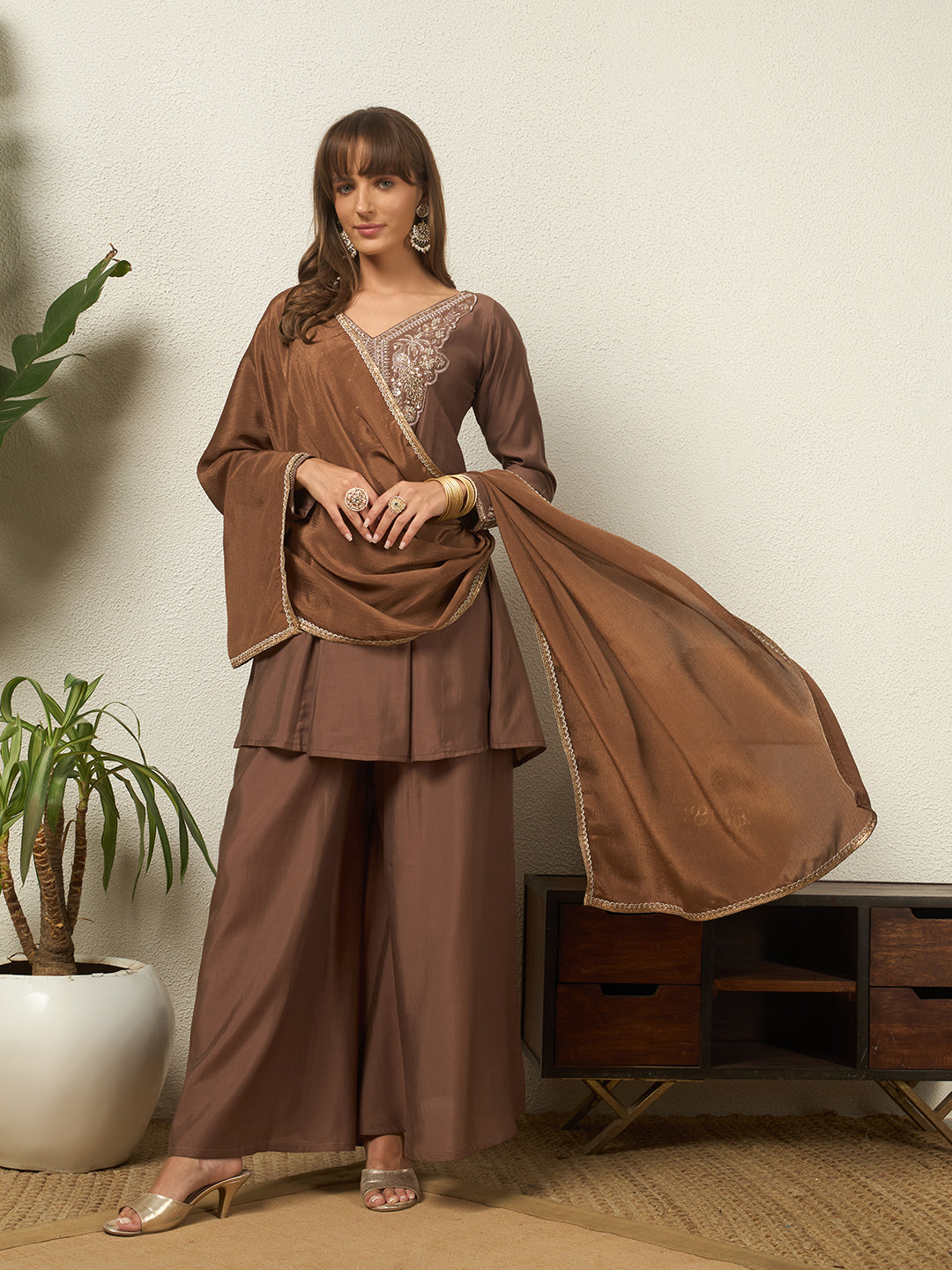 Women's Brown Hand Work V-Neck A-Line Top Palazzo with Dupatta Set For Festive, Wedding & Party Wear