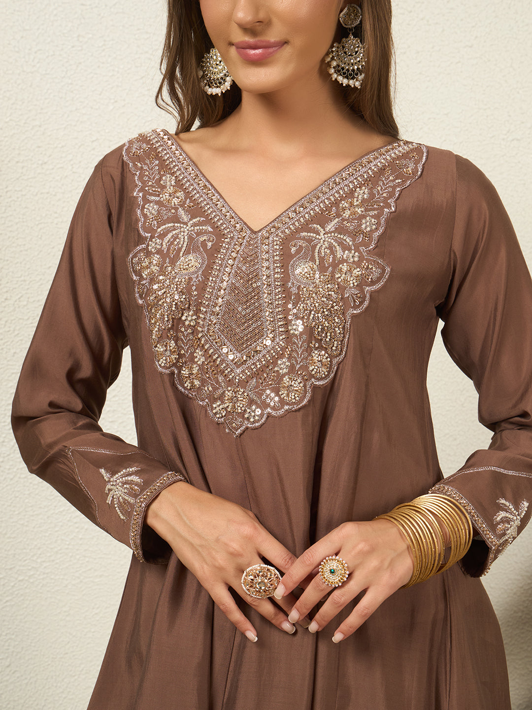 Women's Brown Hand Work V-Neck A-Line Top Palazzo with Dupatta Set For Festive, Wedding & Party Wear