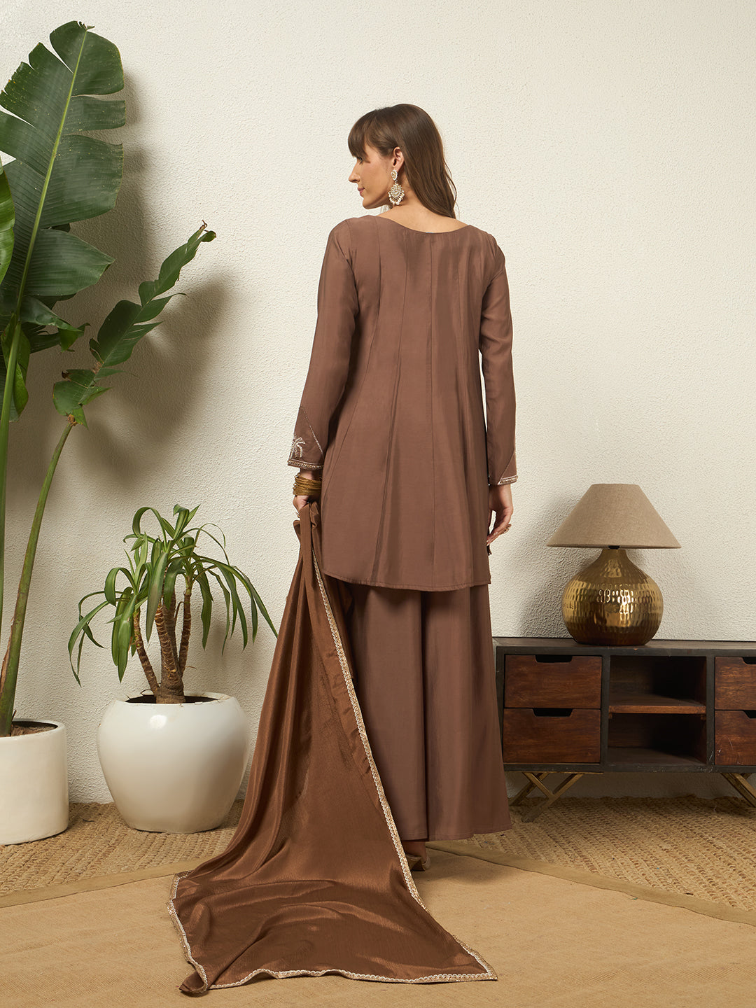 Women's Brown Hand Work V-Neck A-Line Top Palazzo with Dupatta Set For Festive, Wedding & Party Wear
