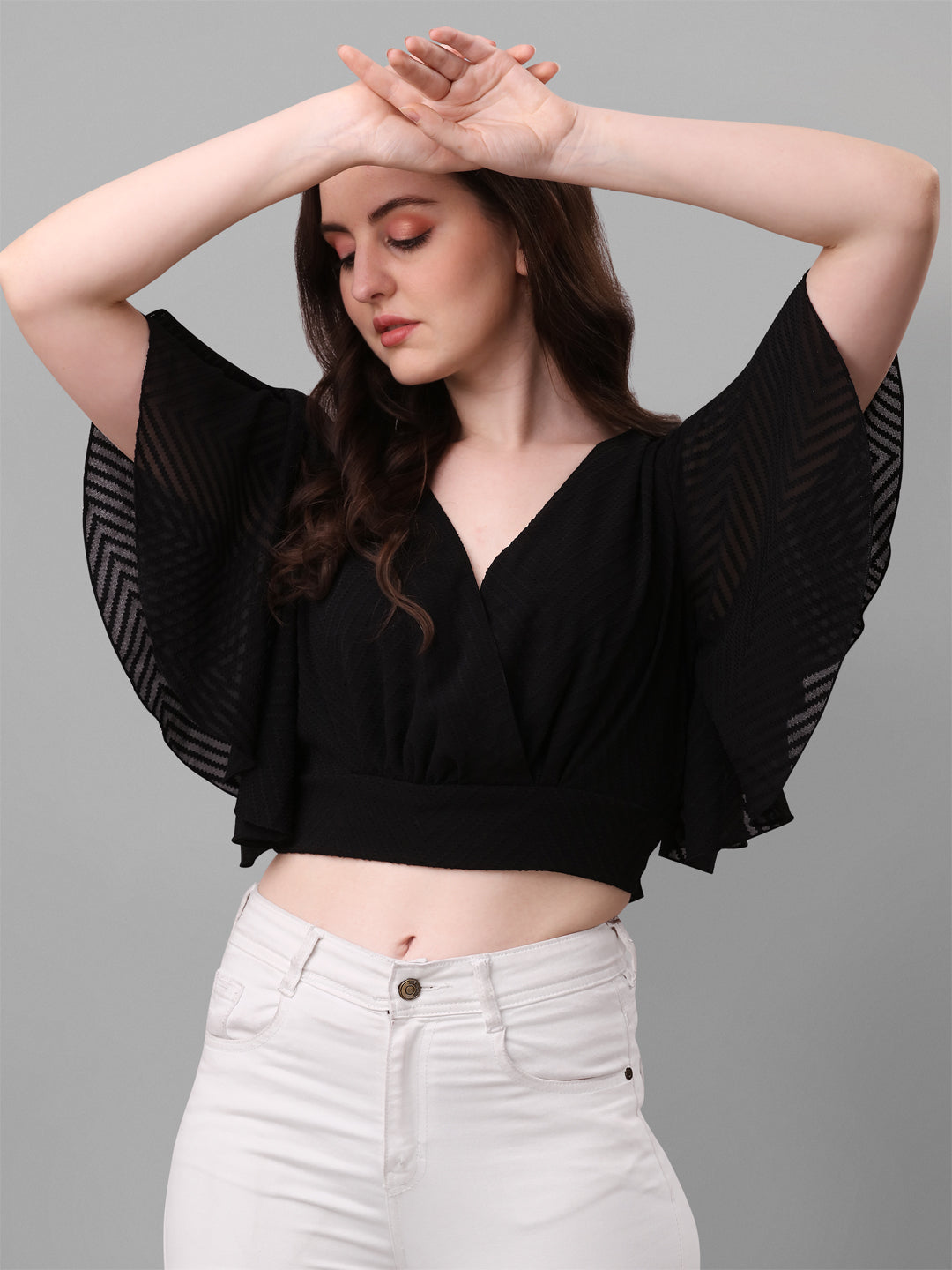 Casual Crop Top Flared Sleeves Printed Women Top
