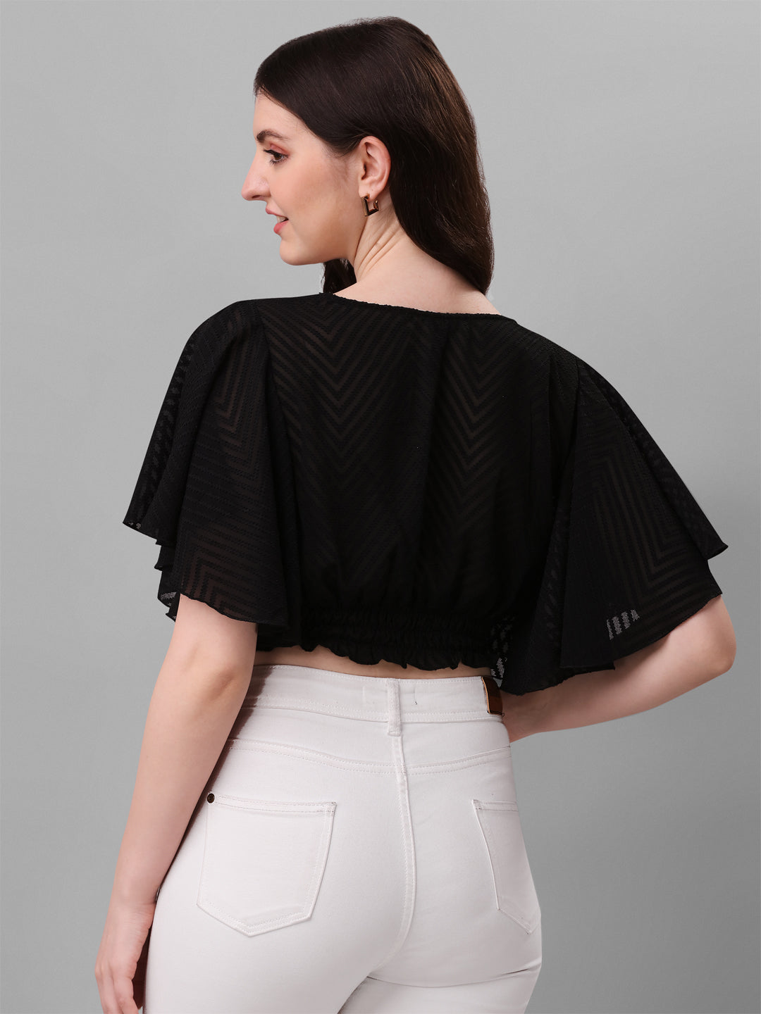 Casual Crop Top Flared Sleeves Printed Women Top
