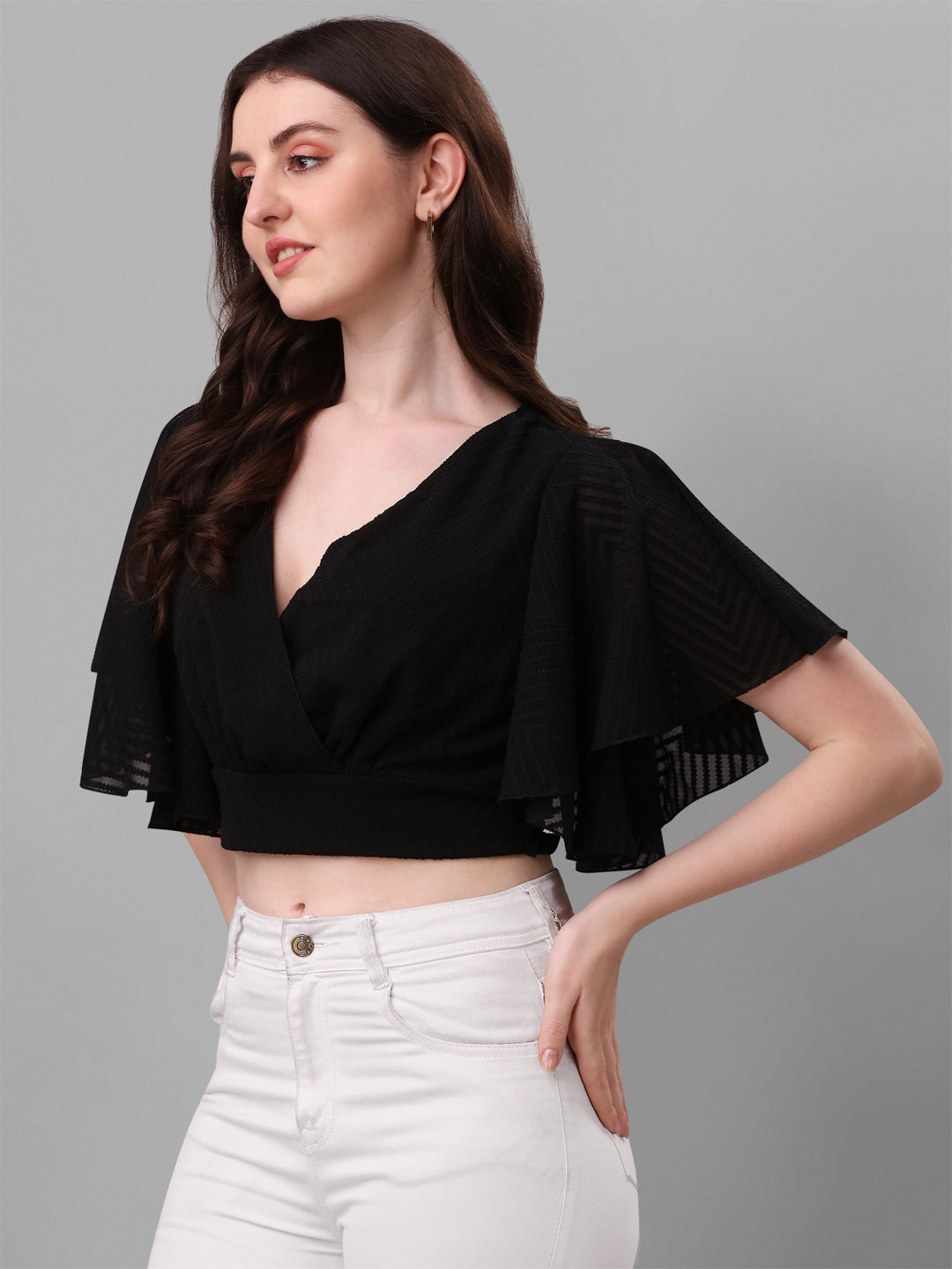Casual Crop Top Flared Sleeves Printed Women Top