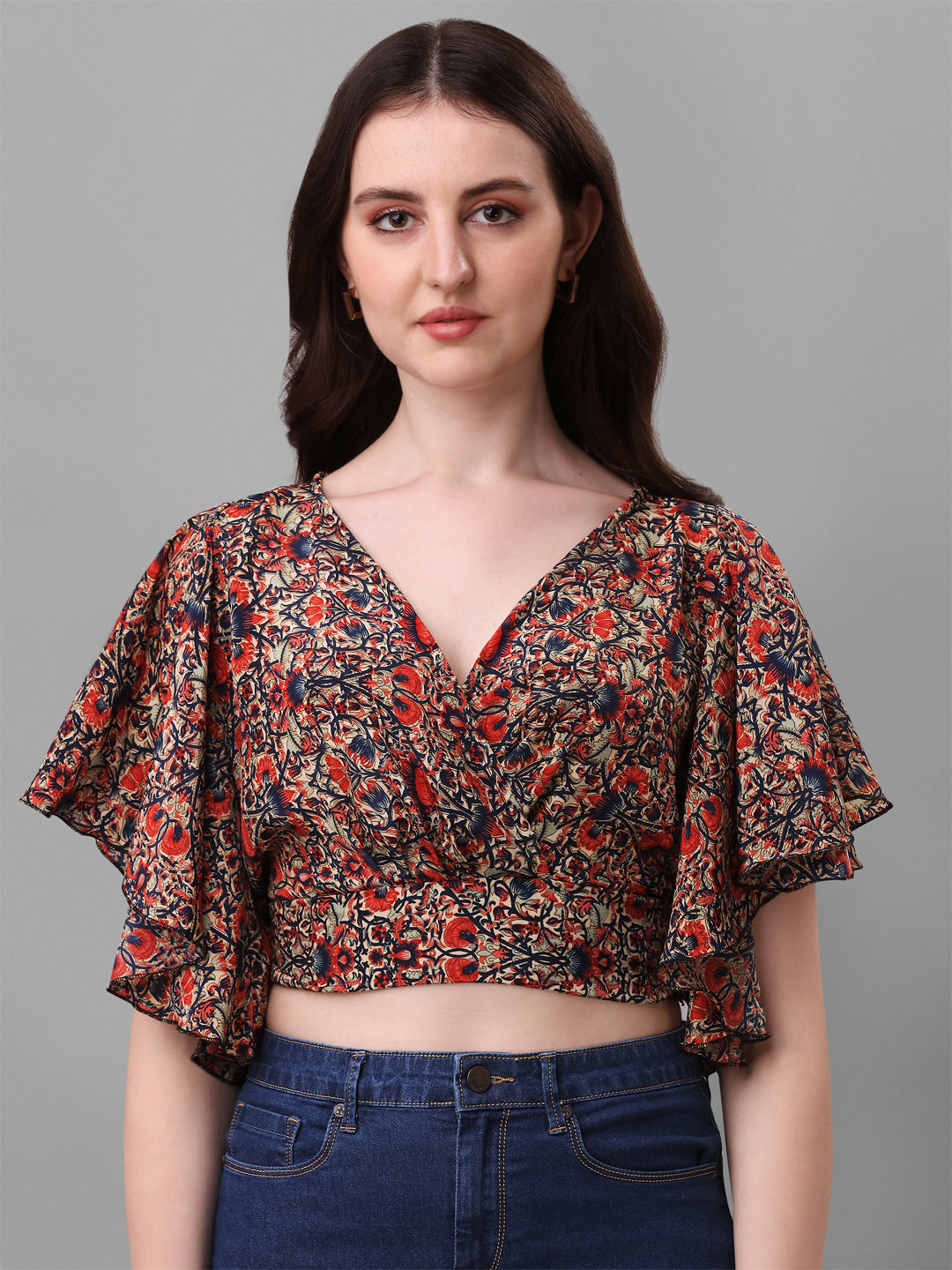 Casual Crop Top Flared Sleeves Printed Women Top