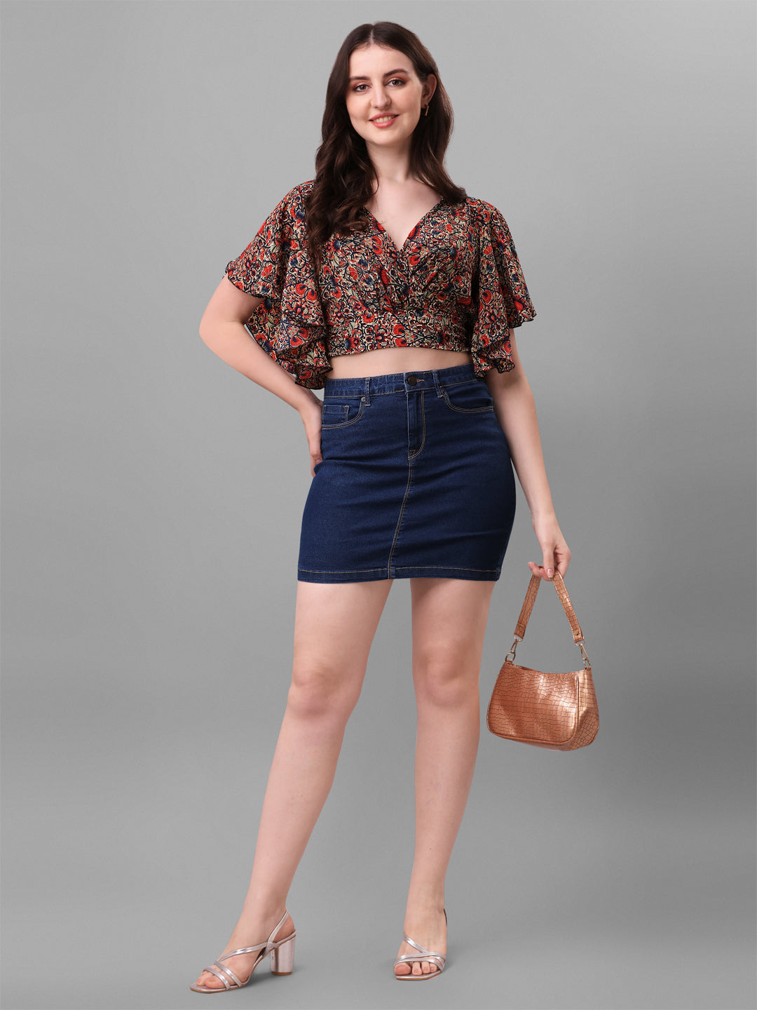 Casual Crop Top Flared Sleeves Printed Women Top