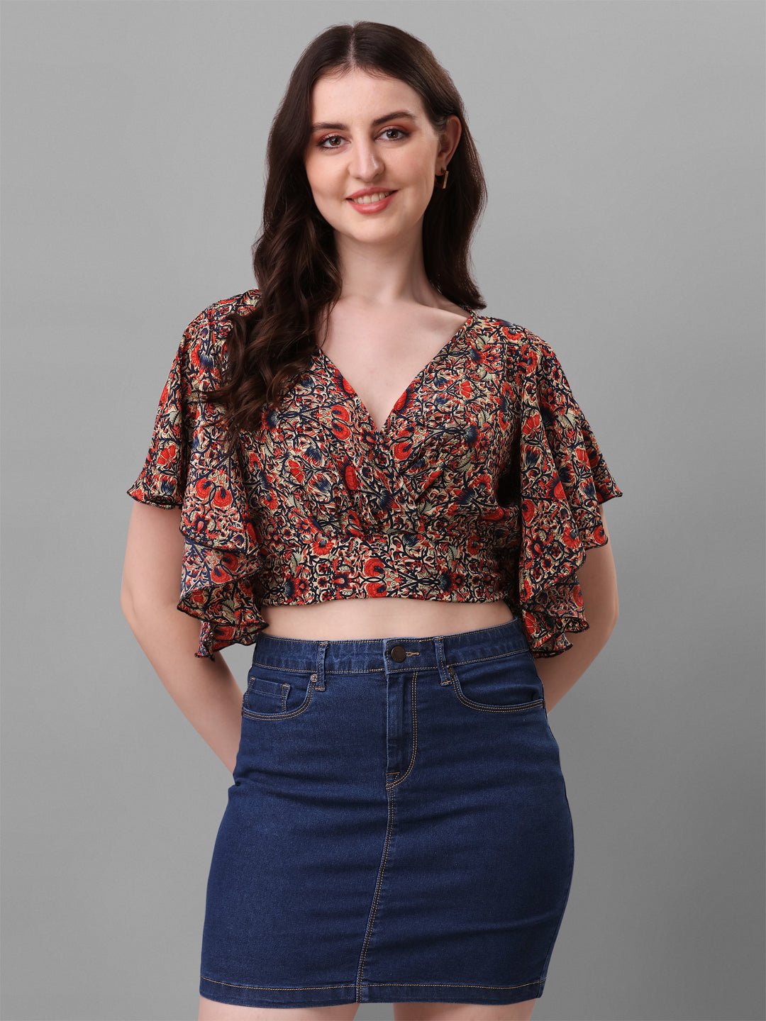 Casual Crop Top Flared Sleeves Printed Women Top
