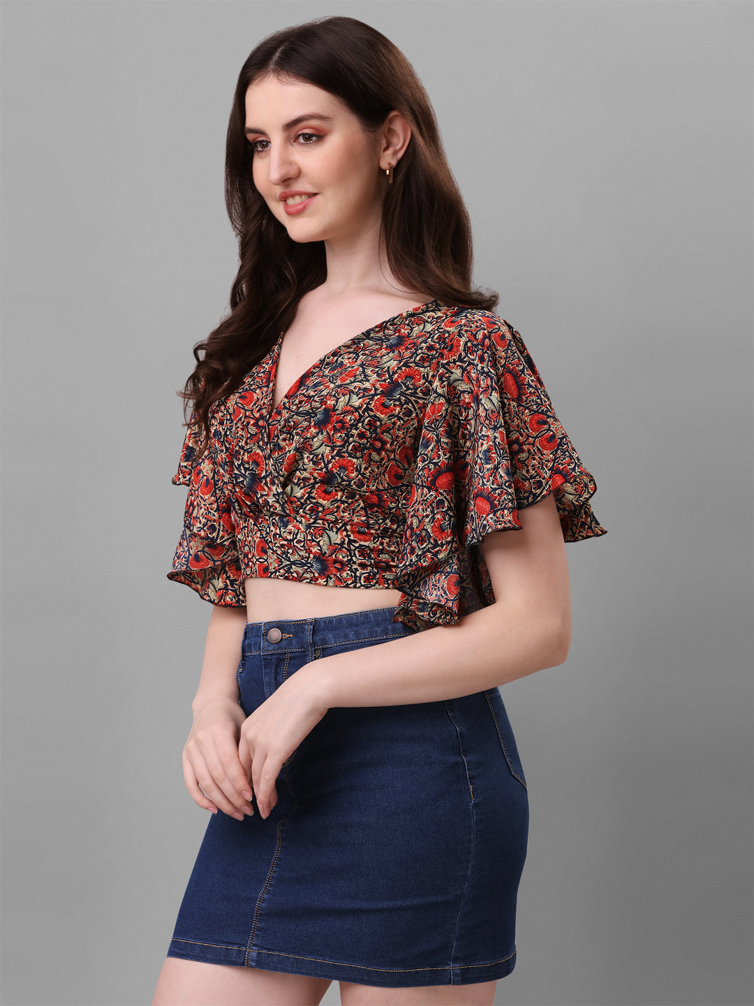 Casual Crop Top Flared Sleeves Printed Women Top