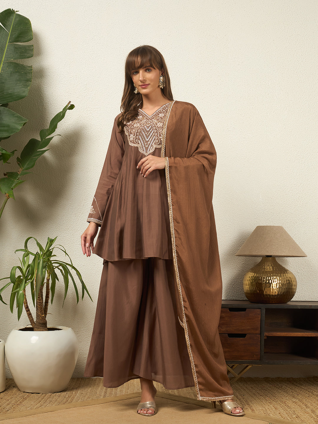 Women's Coffee Brown Hand Work A-Line Top Palazzo with Dupatta Set Ethnic Suit Set for Festive, Wedding & Party Wear