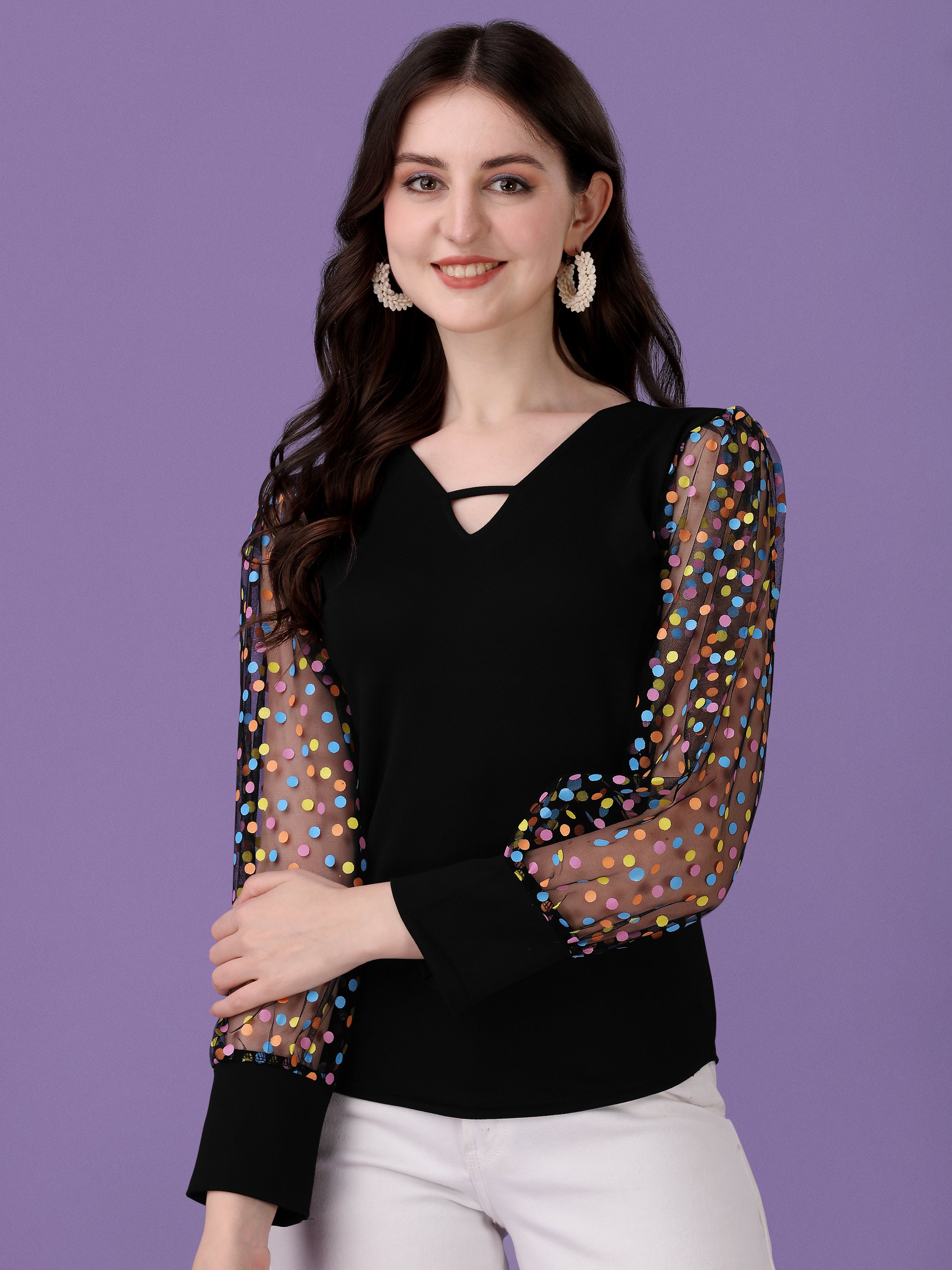 Casual Fit Slim Regular Sleeves Solid, Polka Print Women Black Top