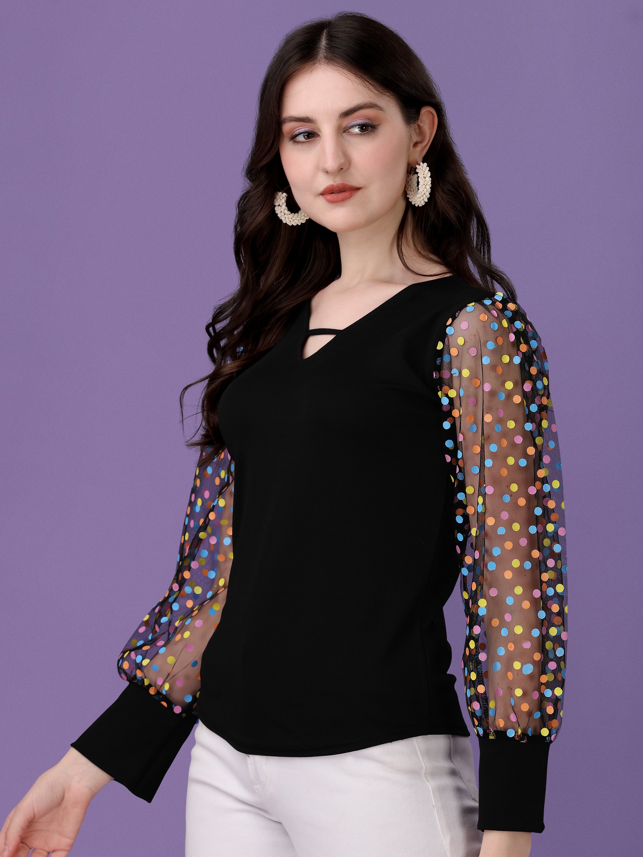 Casual Fit Slim Regular Sleeves Solid, Polka Print Women Black Top