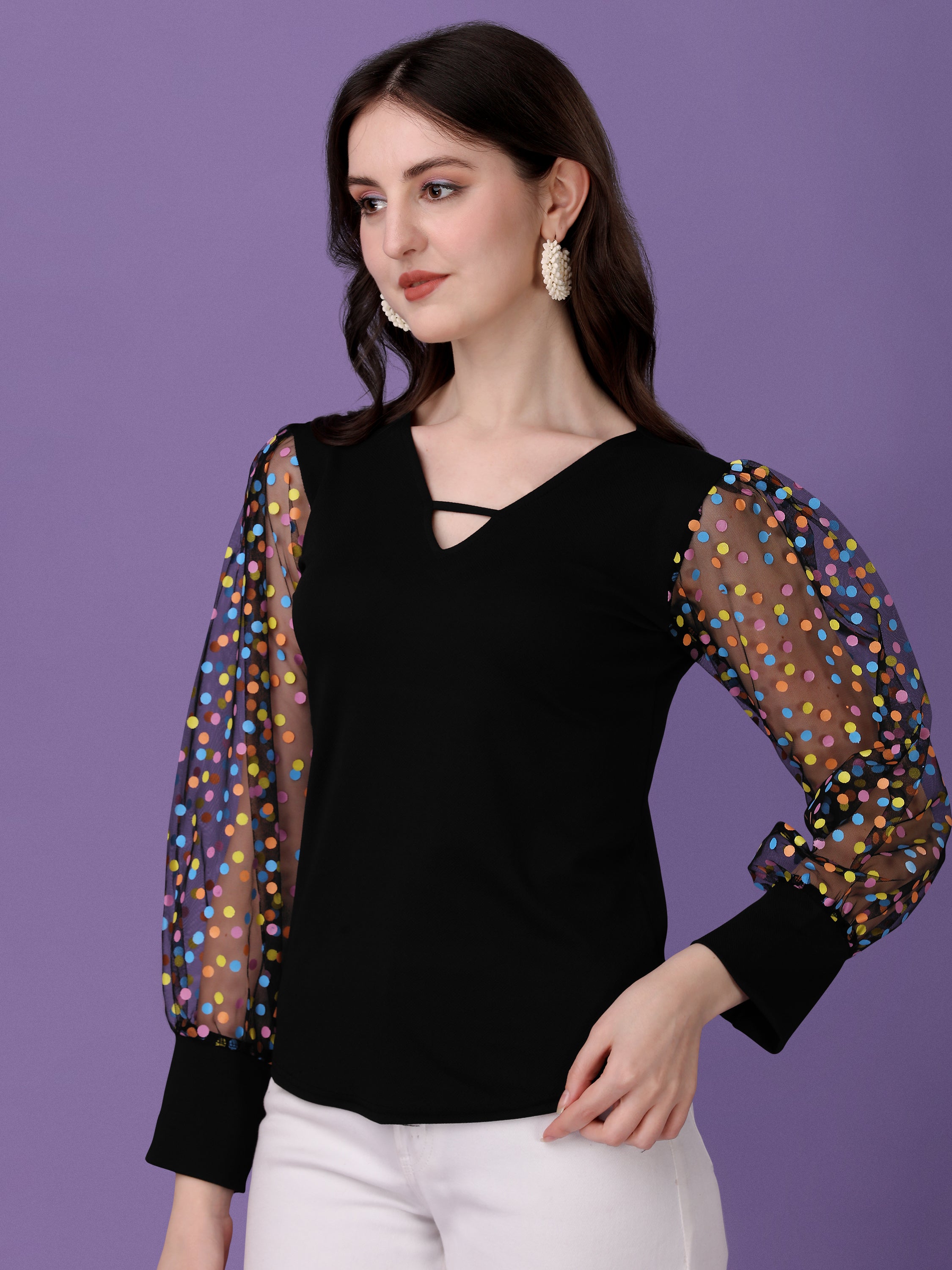 Casual Fit Slim Regular Sleeves Solid, Polka Print Women Black Top