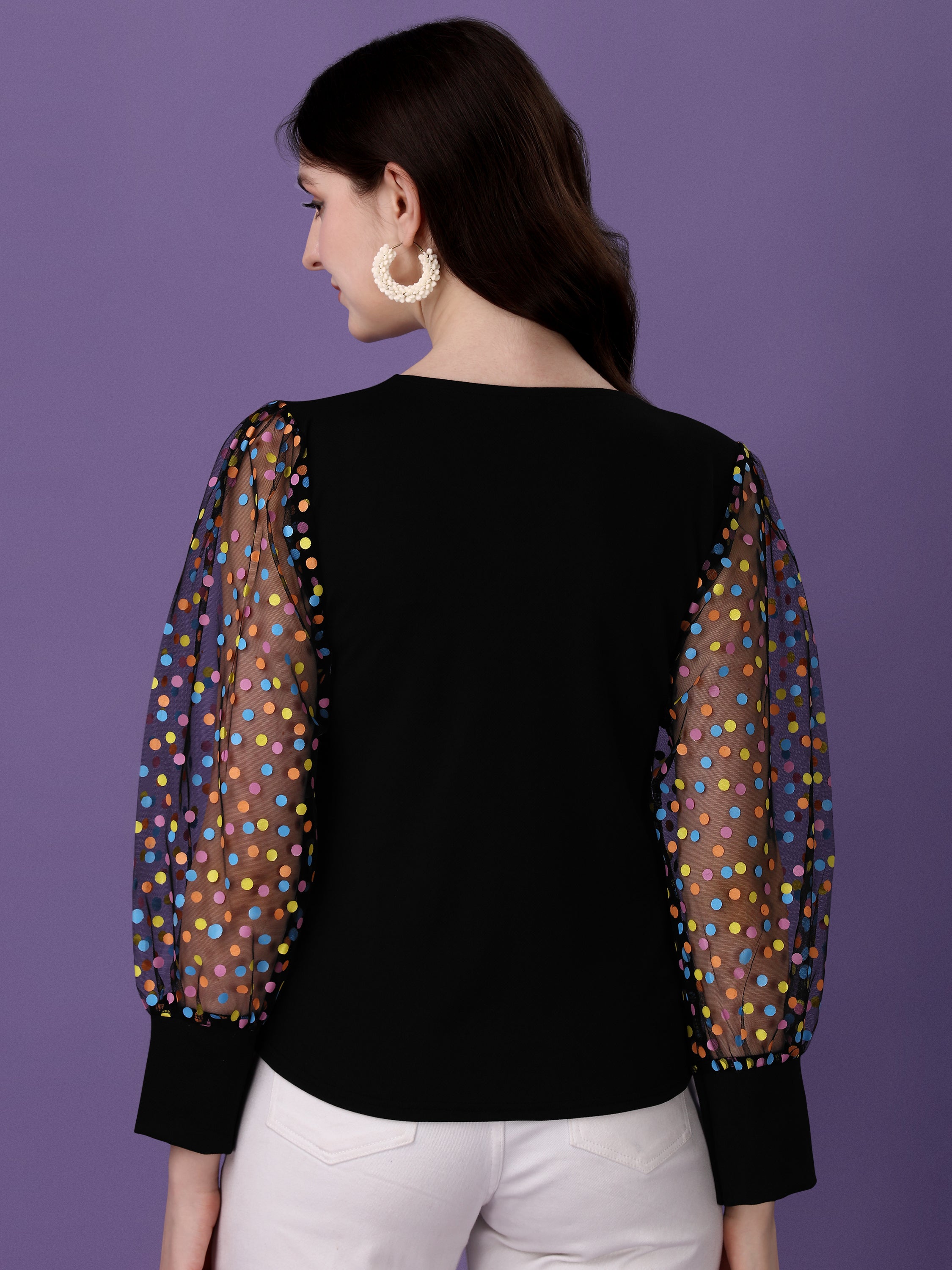 Casual Fit Slim Regular Sleeves Solid, Polka Print Women Black Top