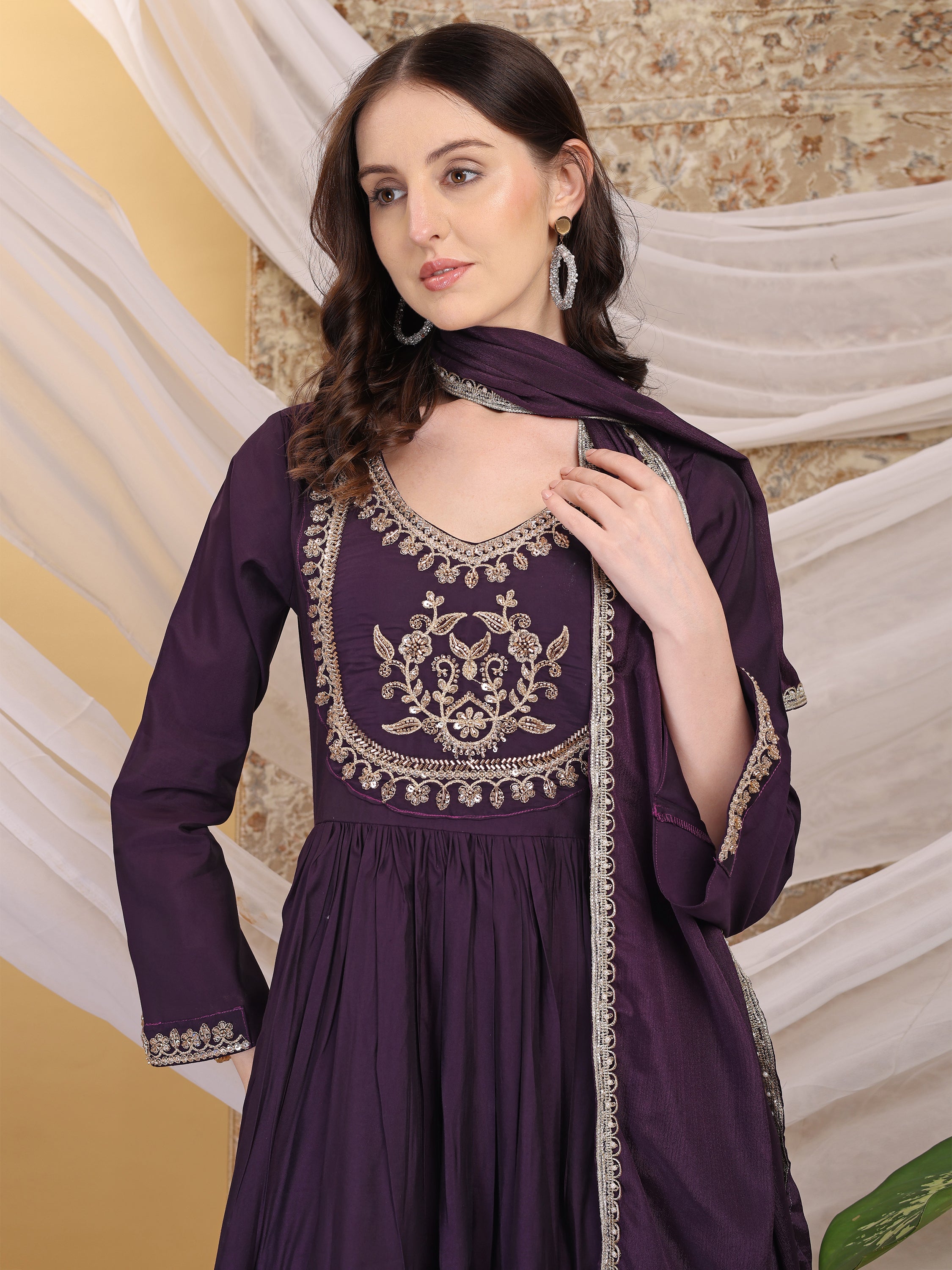 Women's Purple Round Neck Hand Work Tiered Anarkali Gown Dress Flared Ethnic Gown for Festive, Wedding & Party Wear