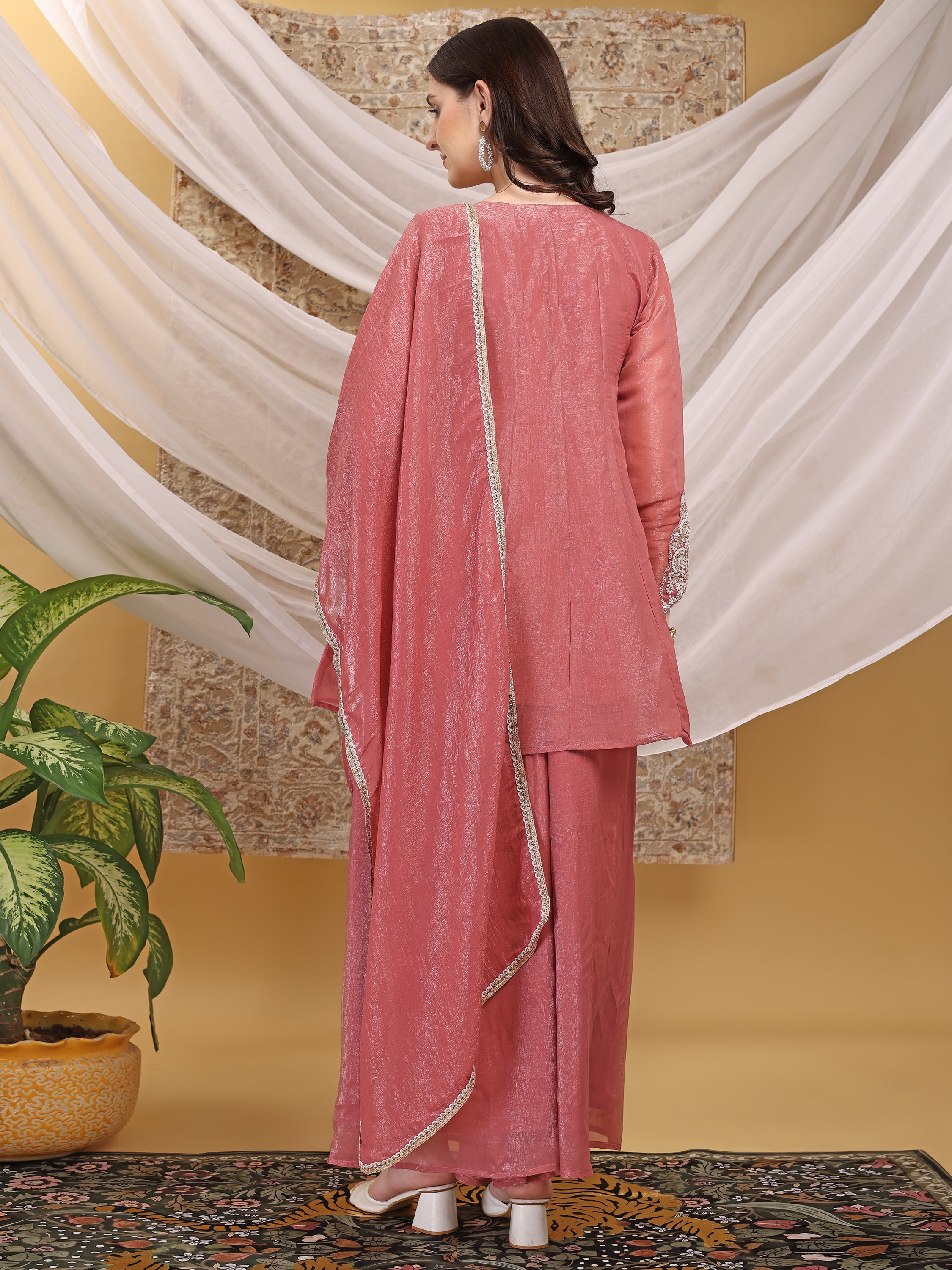 Women's Rose Pink Motiwork Patch Work A-Line Top Palazzo with Dupatta Set Ethnic Suit Set for Festive, Wedding & Party Wear