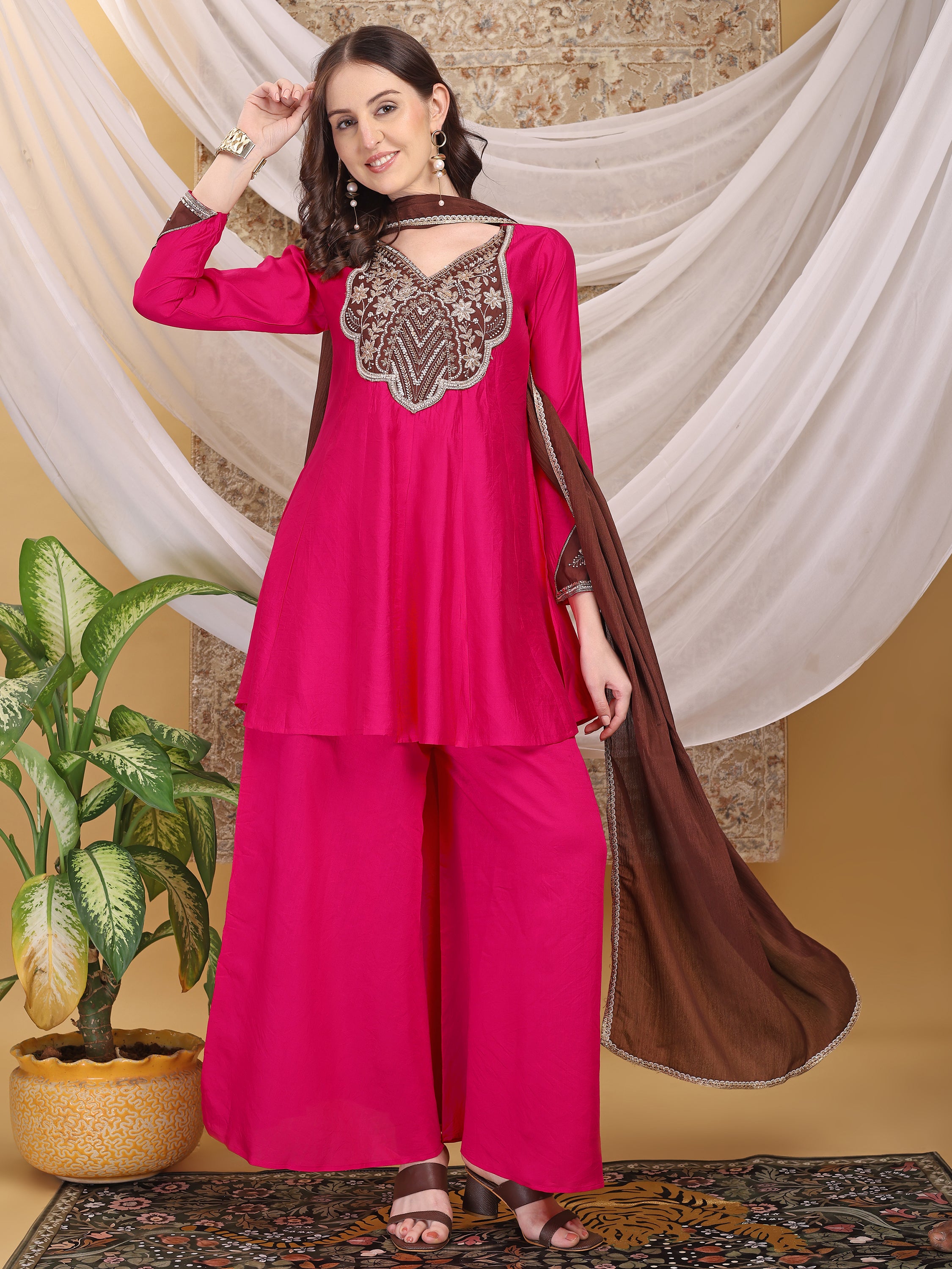 Women's Fuchsia Pink A-Line Top Palazzo with Contrasting Brown Dupatta Set For Festive, Wedding & Party Wear